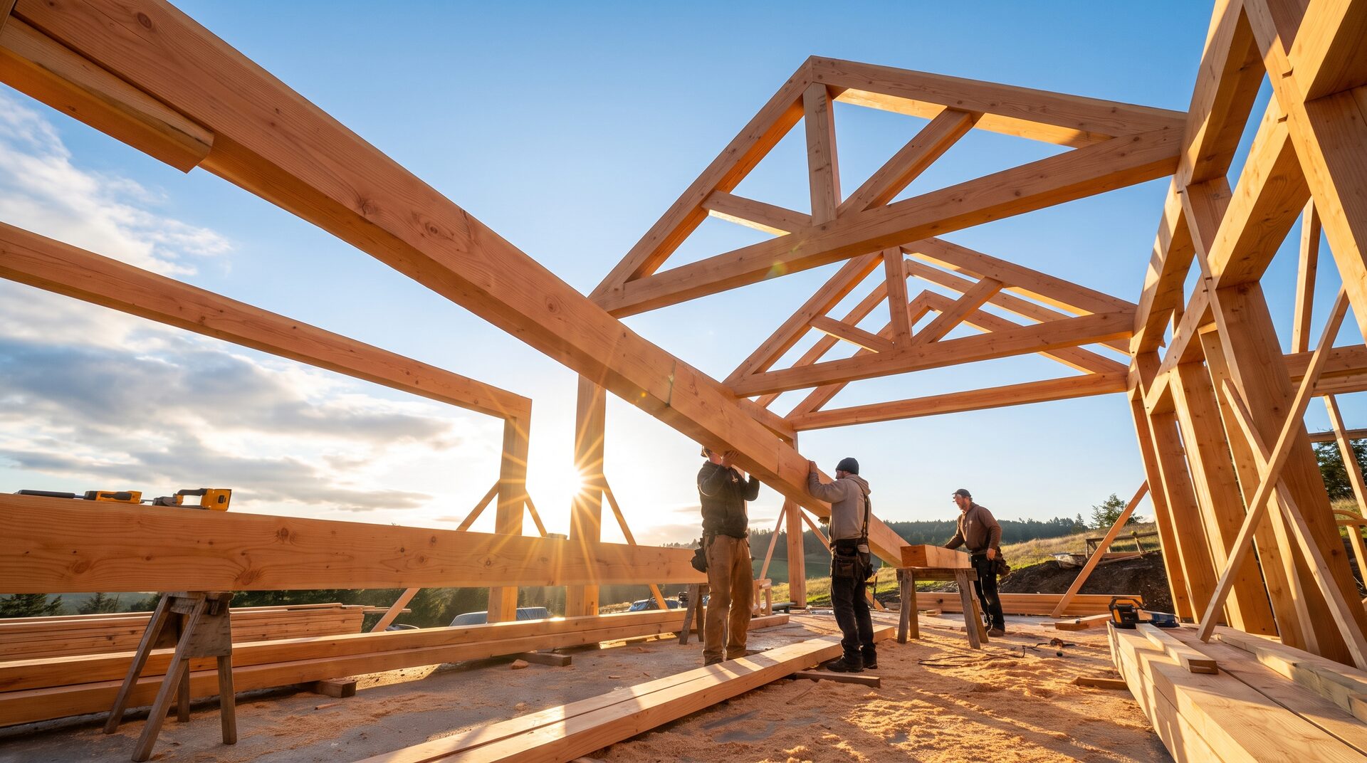 HOLZWERK – moderner Holzrahmenbau mit sichtbaren Holzbalken vor blauem Himmel