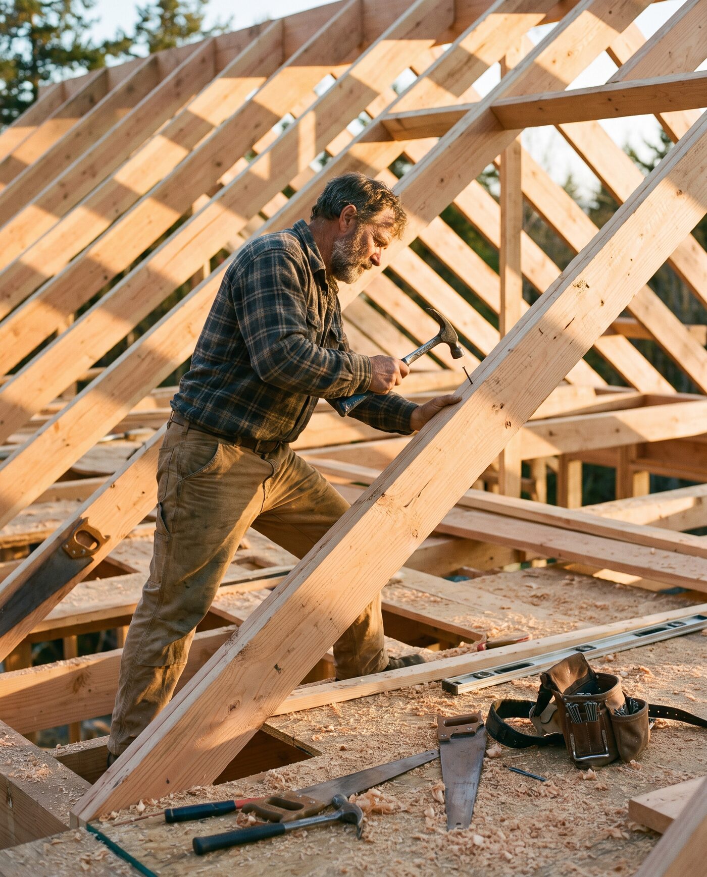 Zimmermann bei der Arbeit an einer Holz-Dachkonstruktion im warmen Tageslicht