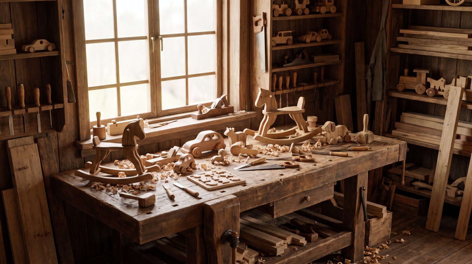 HOLZSPIEL – warme Holzspielzeug-Werkstatt mit handgefertigtem Spielzeug