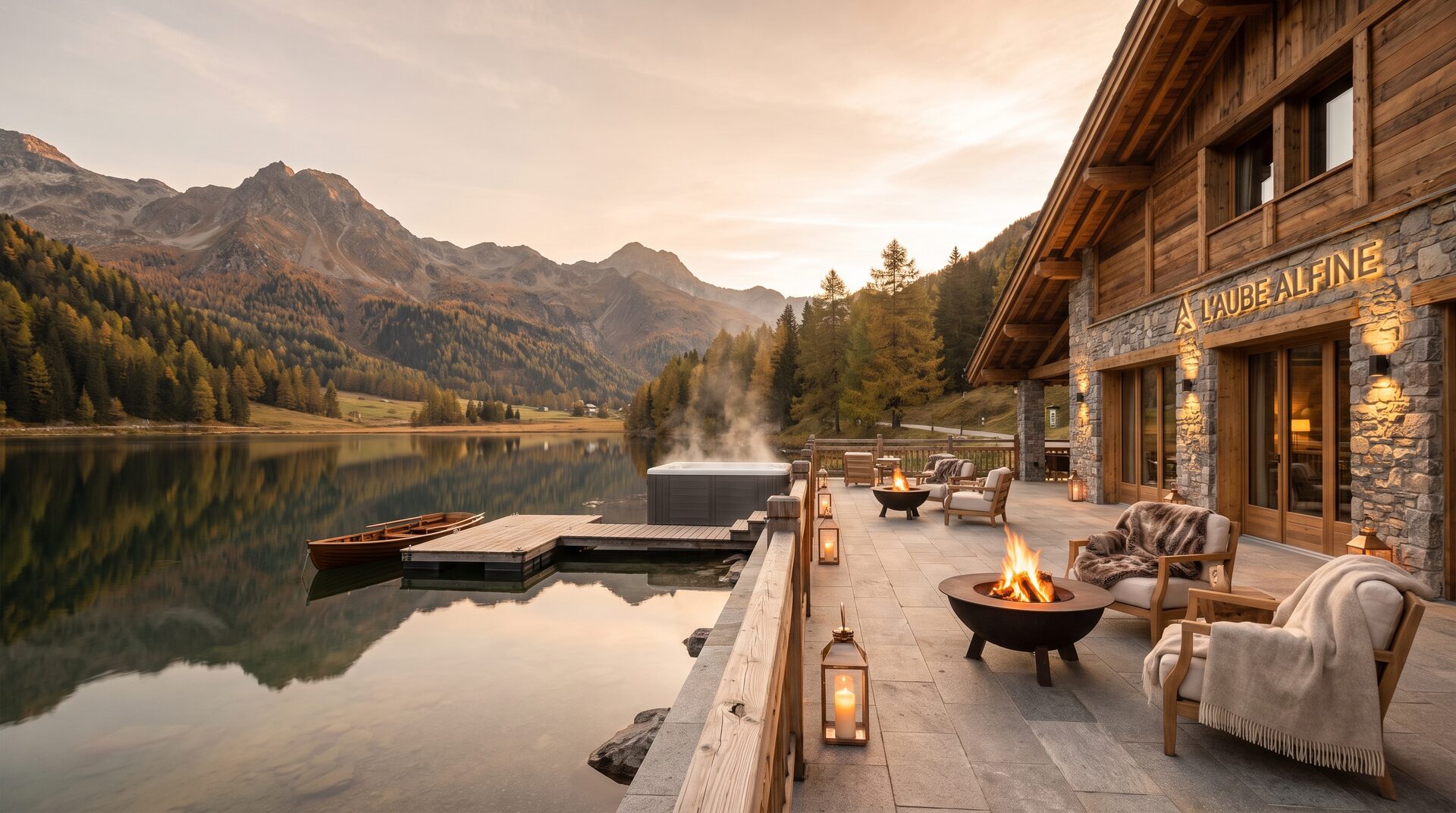 SEEHALT – elegantes Boutique-Hotel am See im Abendlicht