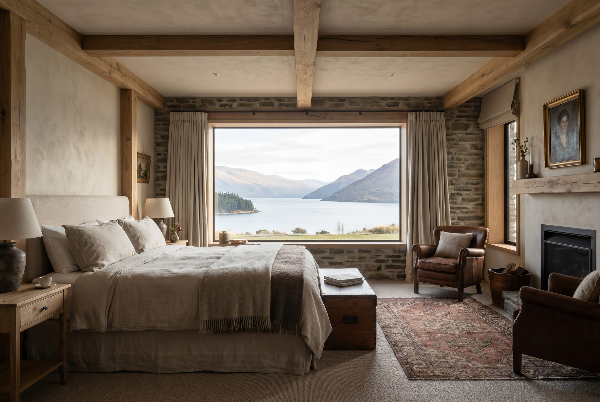 Elegantes Seeblick-Zimmer mit Eichenboden und Leinenvorhängen