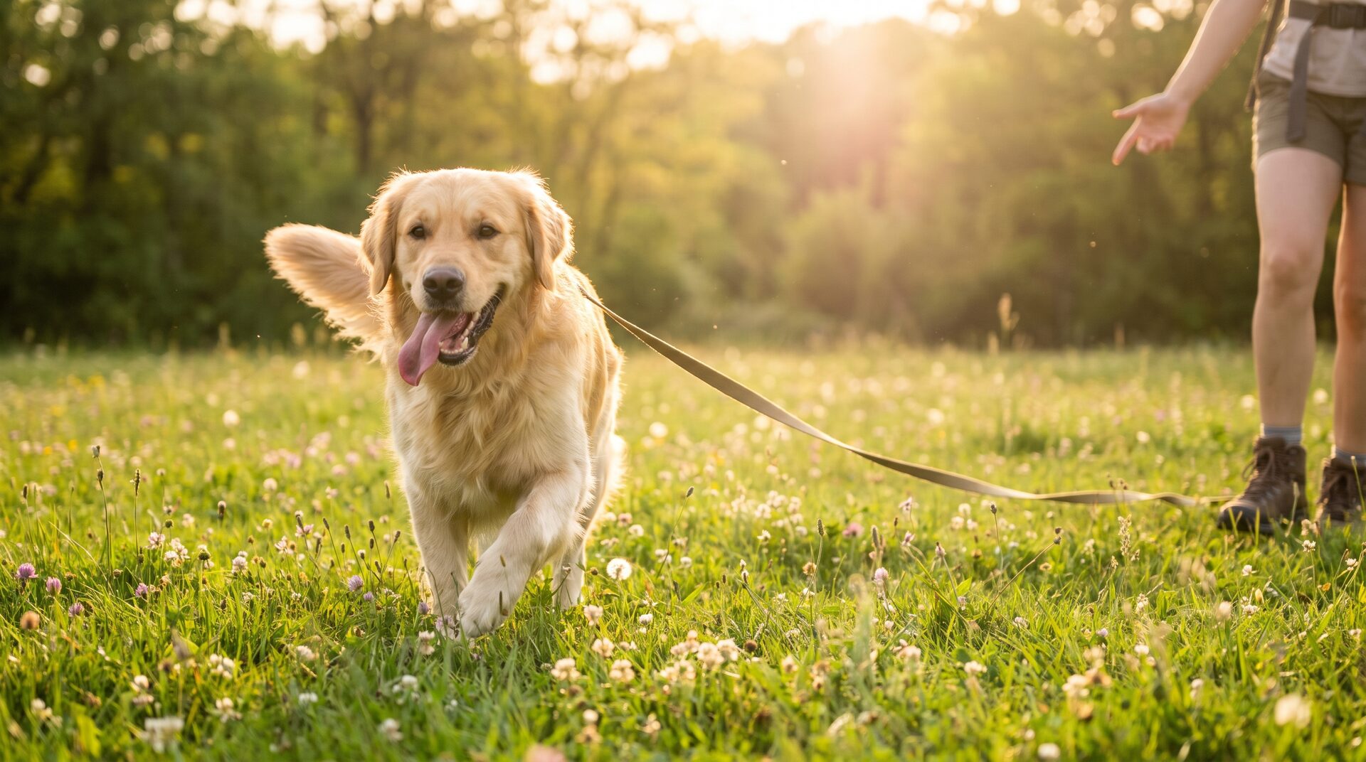 PFOTENWERK – glücklicher Hund beim Training auf sonniger Wiese