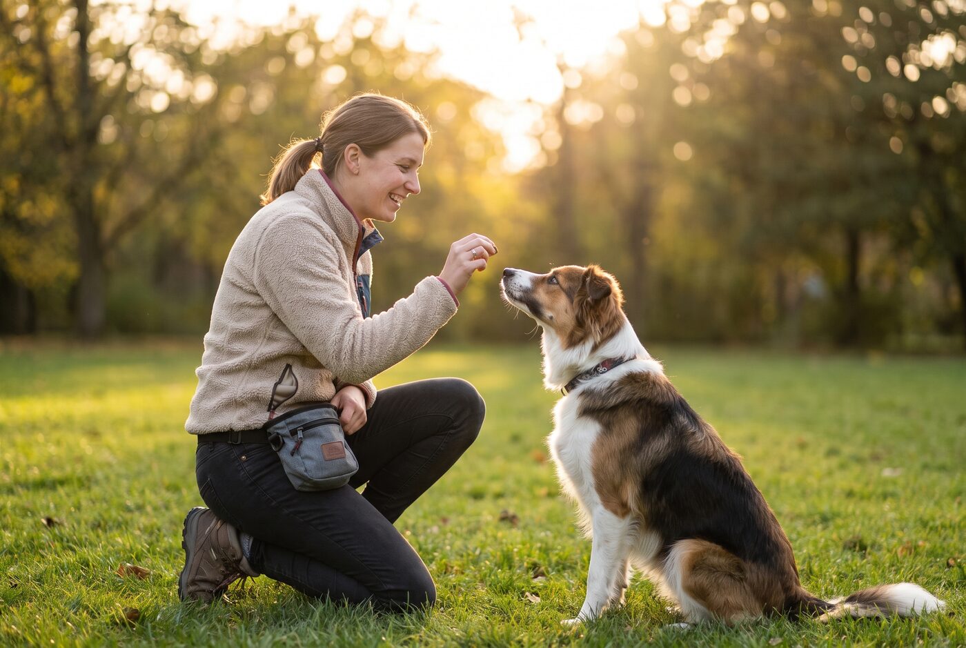 Hundetrainerin arbeitet konzentriert mit einem aufmerksamen Hund im Freien