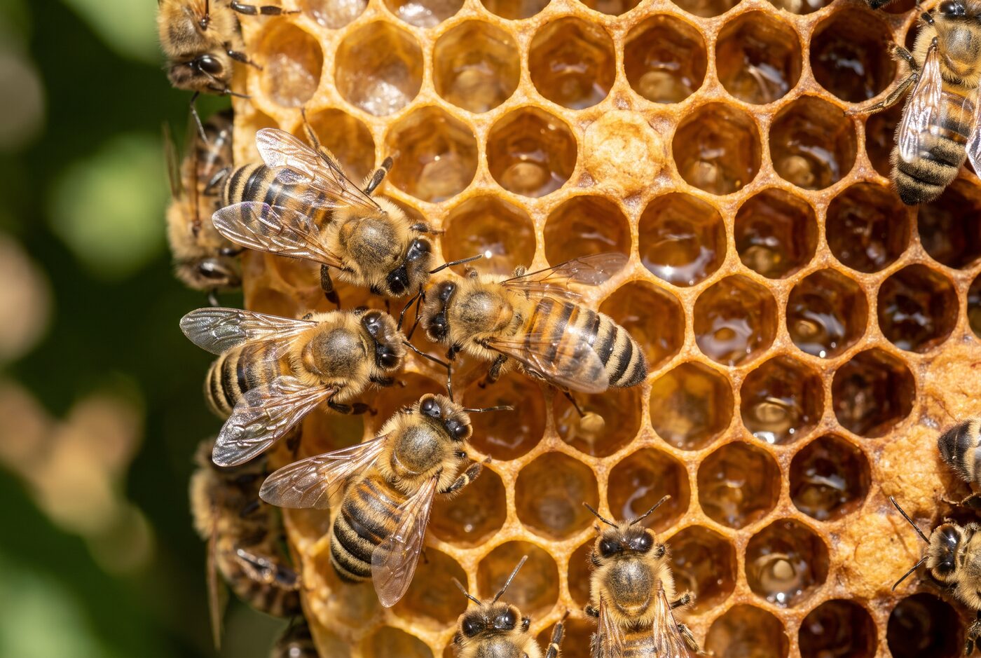 Nahaufnahme von Honigbienen auf einer goldenen Wabe bei natürlichem Licht