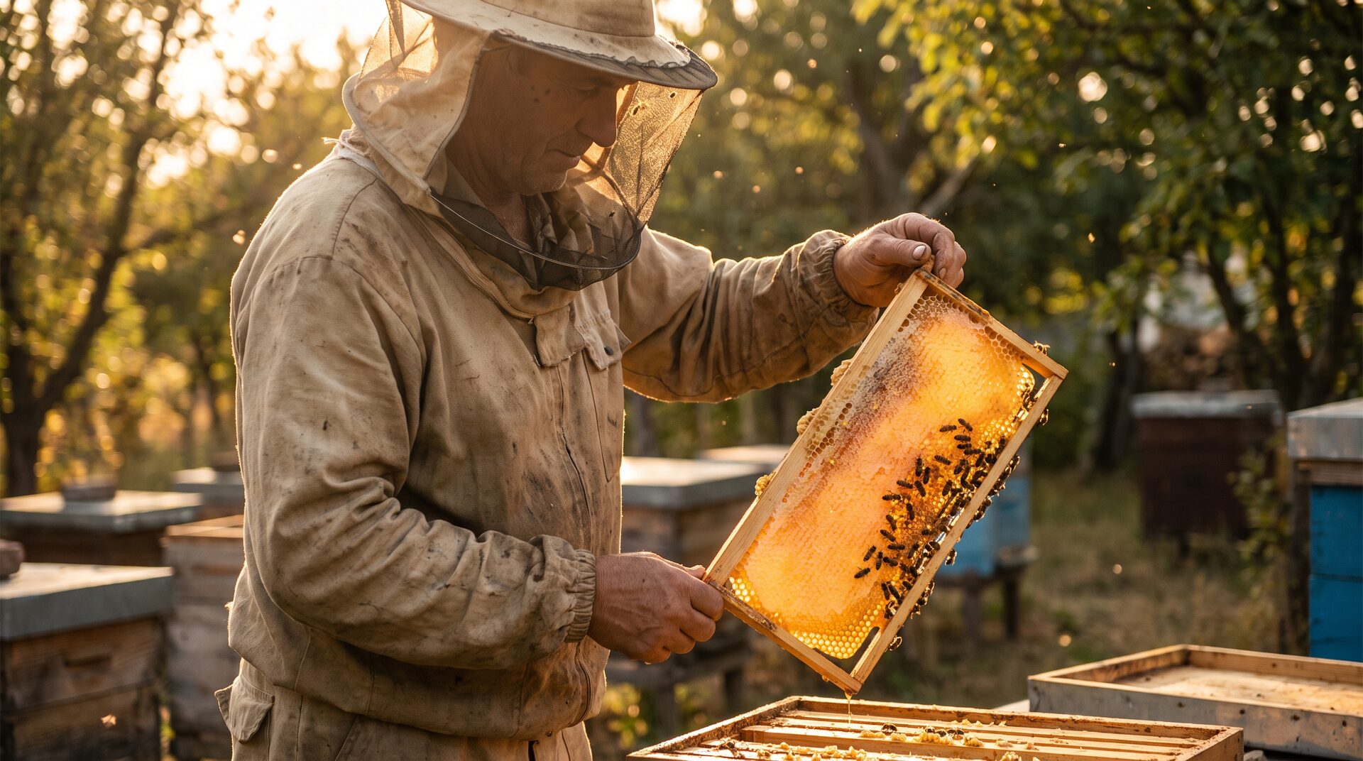 GOLDWABE – Imker hält goldene Honigwabe ins warme Sonnenlicht