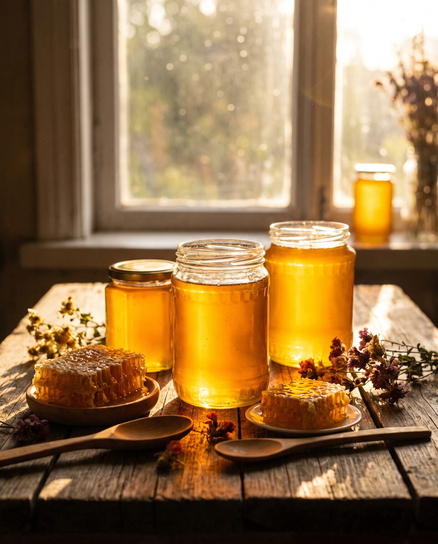 Gläser mit goldenem Honig, die im warmen Gegenlicht leuchten