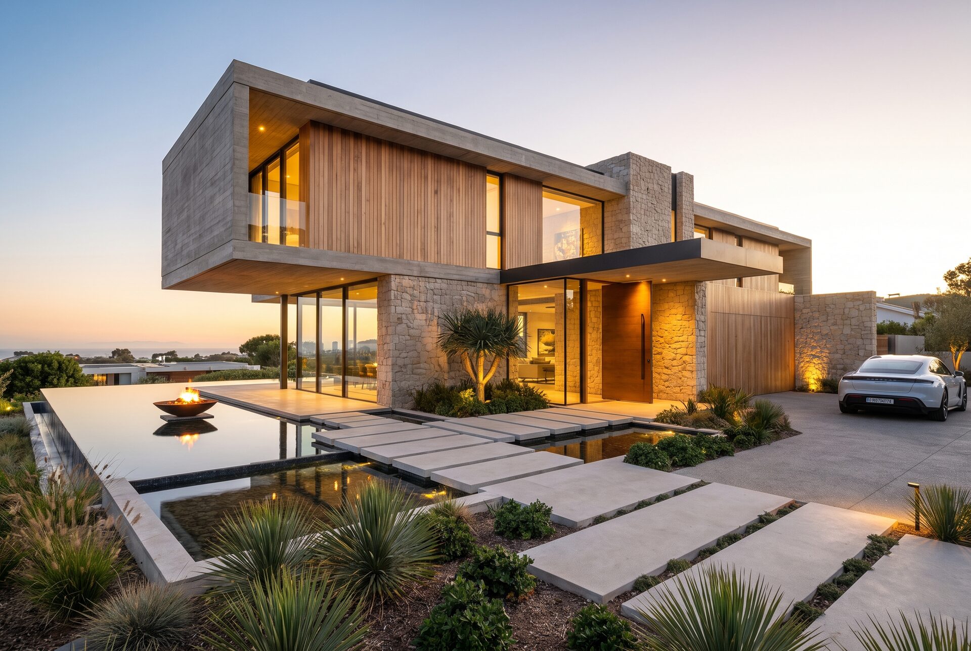 Moderne Villa mit klarer Architektur im warmen Abendlicht
