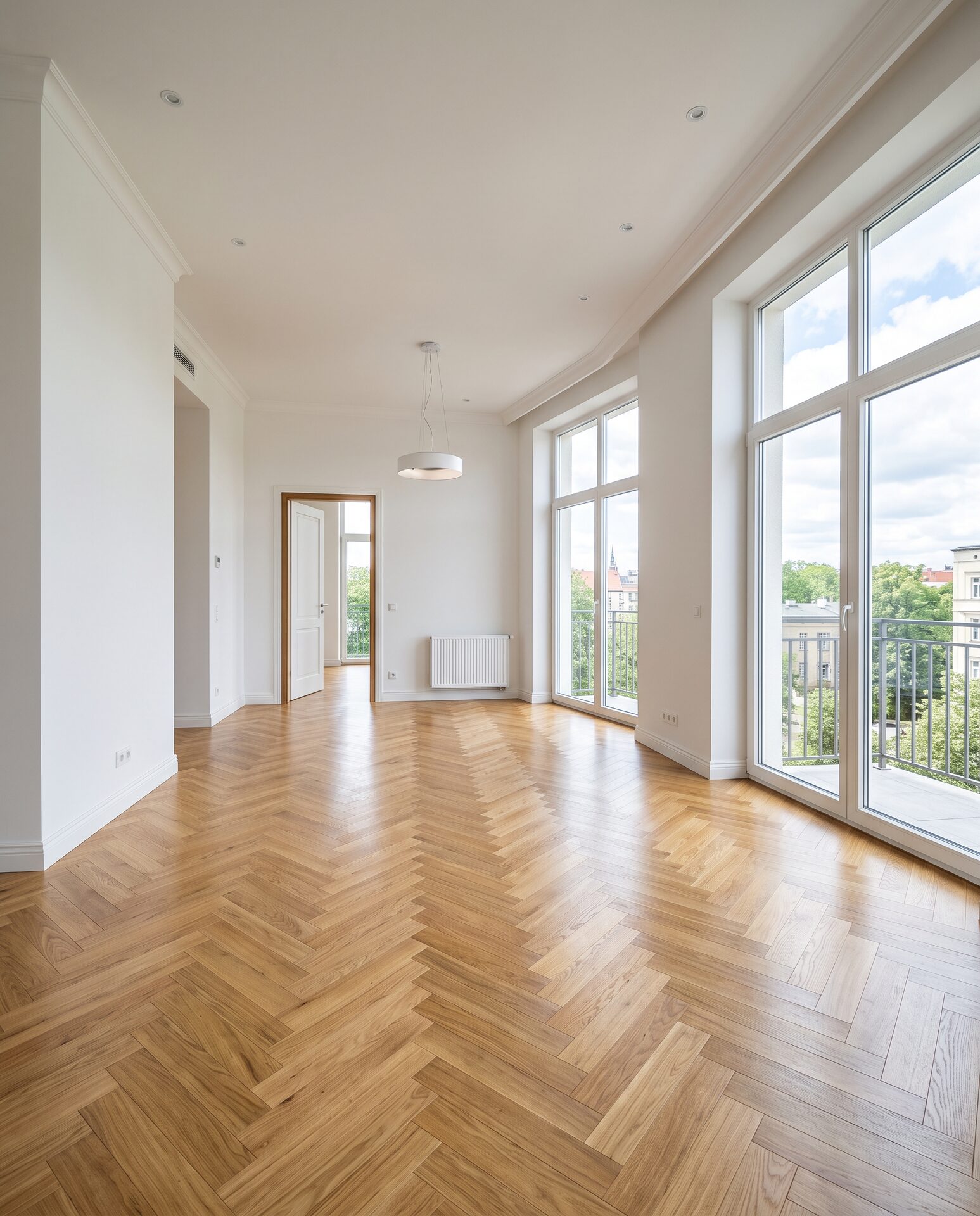 Leere helle Wohnung mit Parkett und grossen Fenstern
