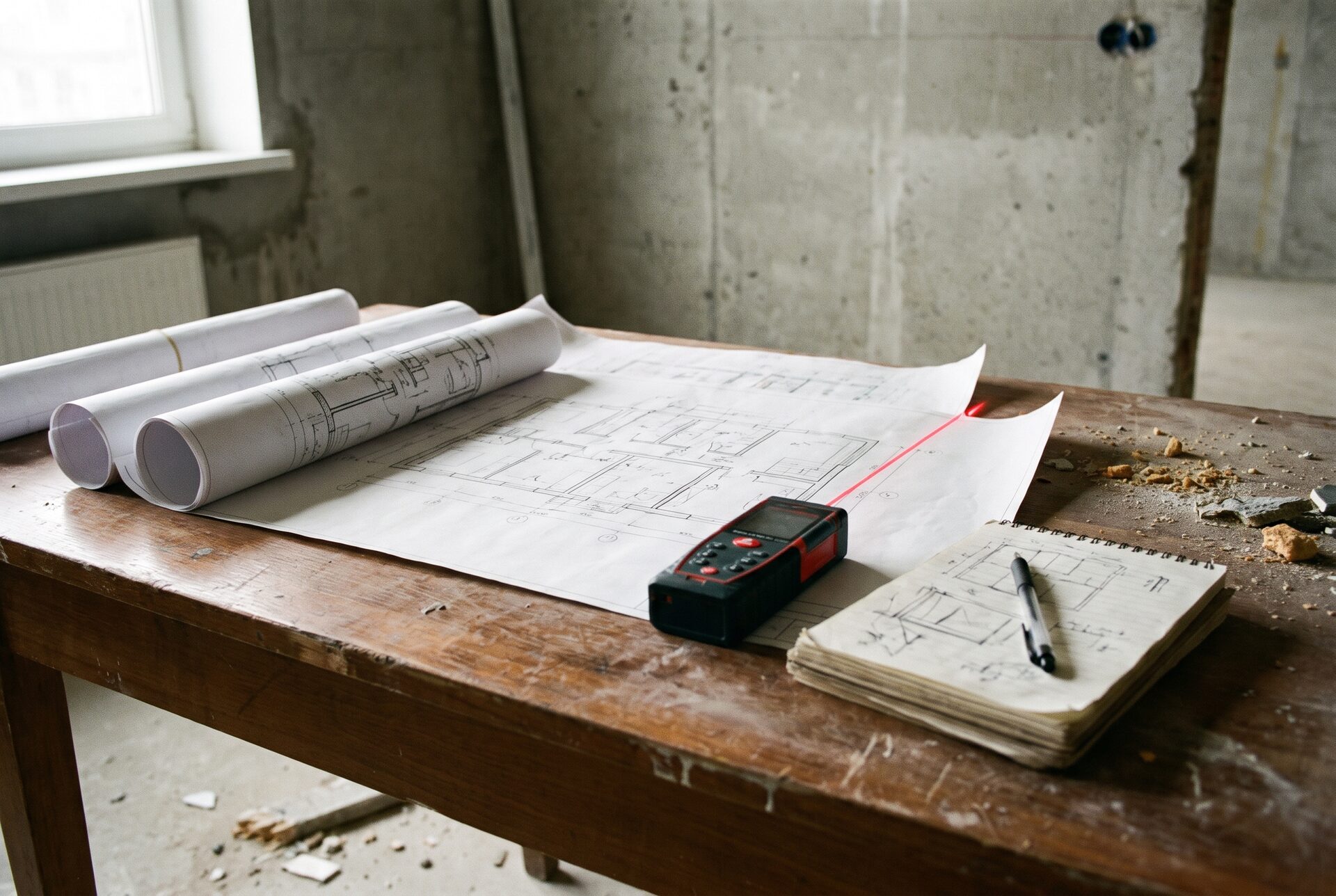 Grundrisspläne, Lasermessgerät und Notizbuch auf einem Tisch in leerer Wohnung