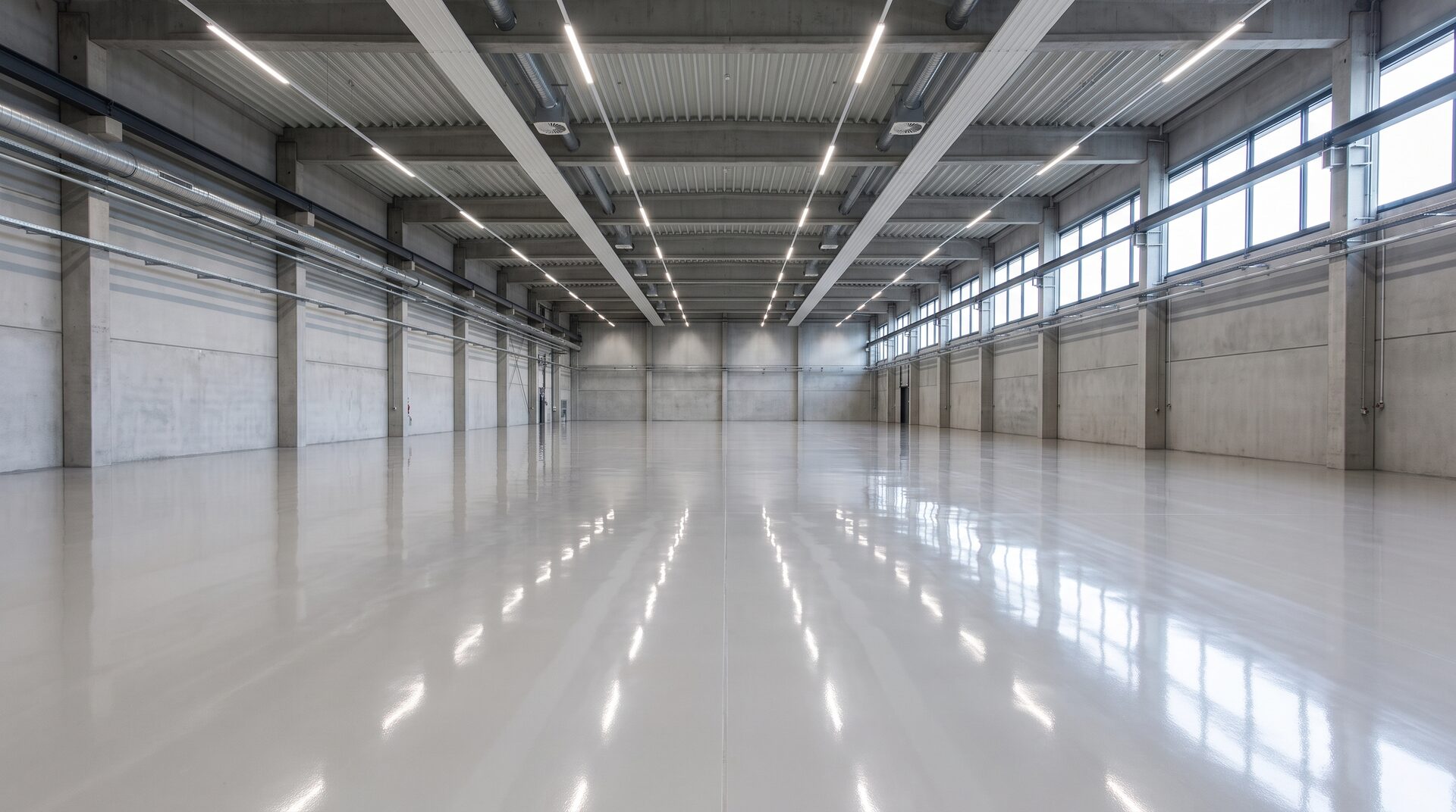 FLÄCHE – Industriehalle mit spiegelndem fugenlosem Kunstharzboden