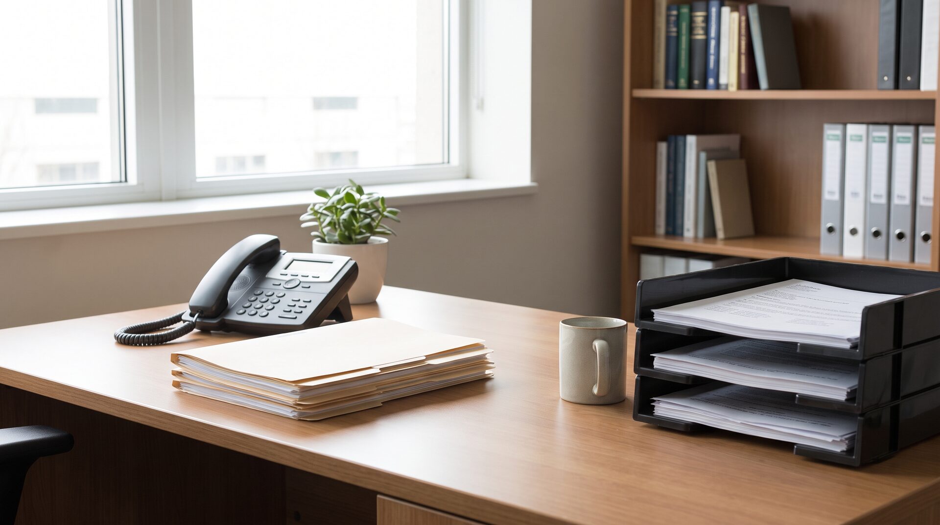 AUSSTAND – Schreibtisch mit Mahnungen, Taschenrechner und Telefon