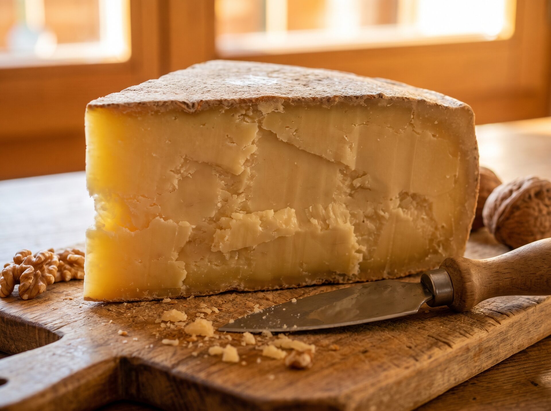 Makroaufnahme eines aufgeschnittenen Bergkäse-Stücks auf rustikalem Holzbrett