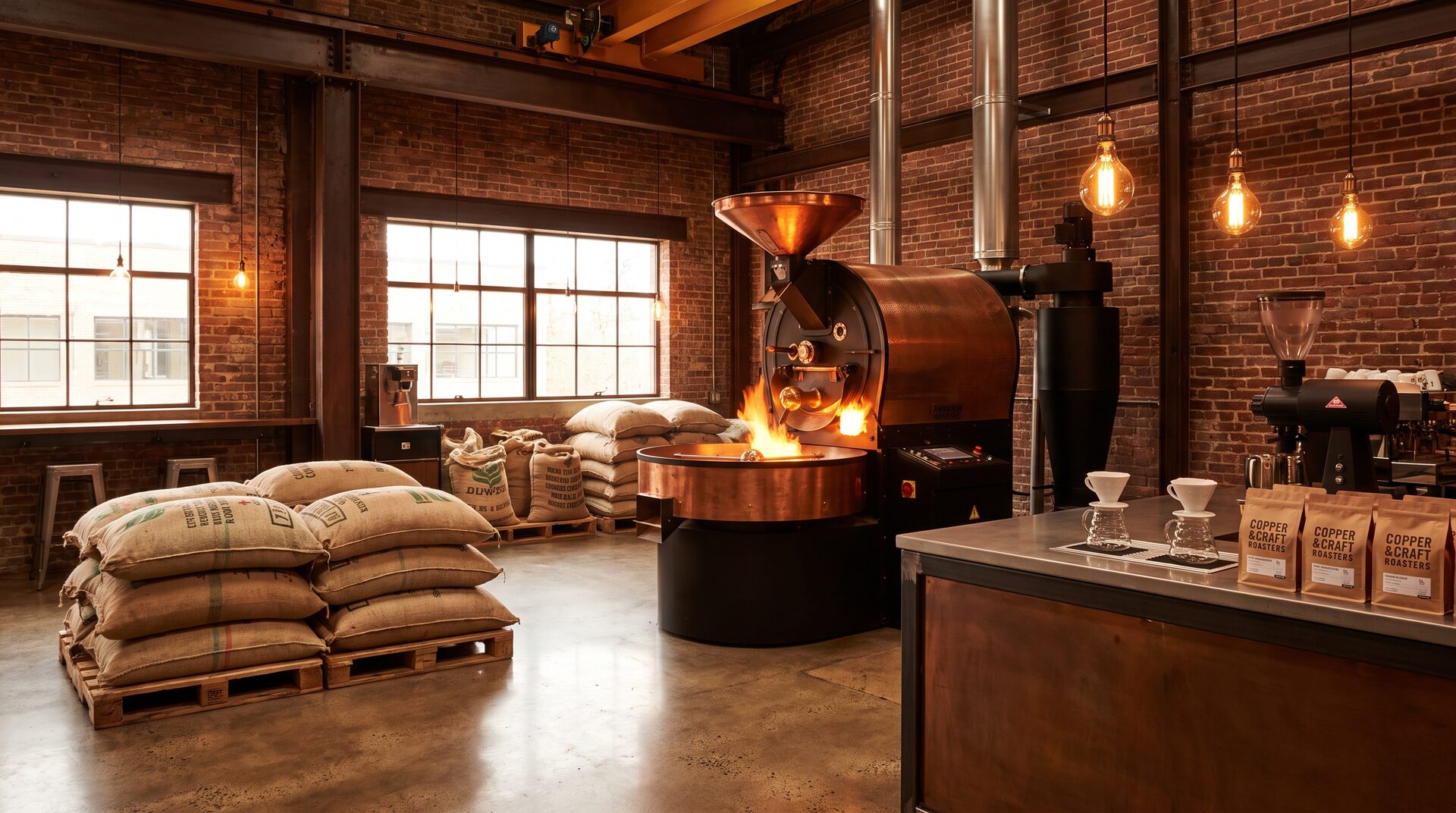 RÖSTWERK – Kupfer-Röstmaschine in warm beleuchteter Rösterei