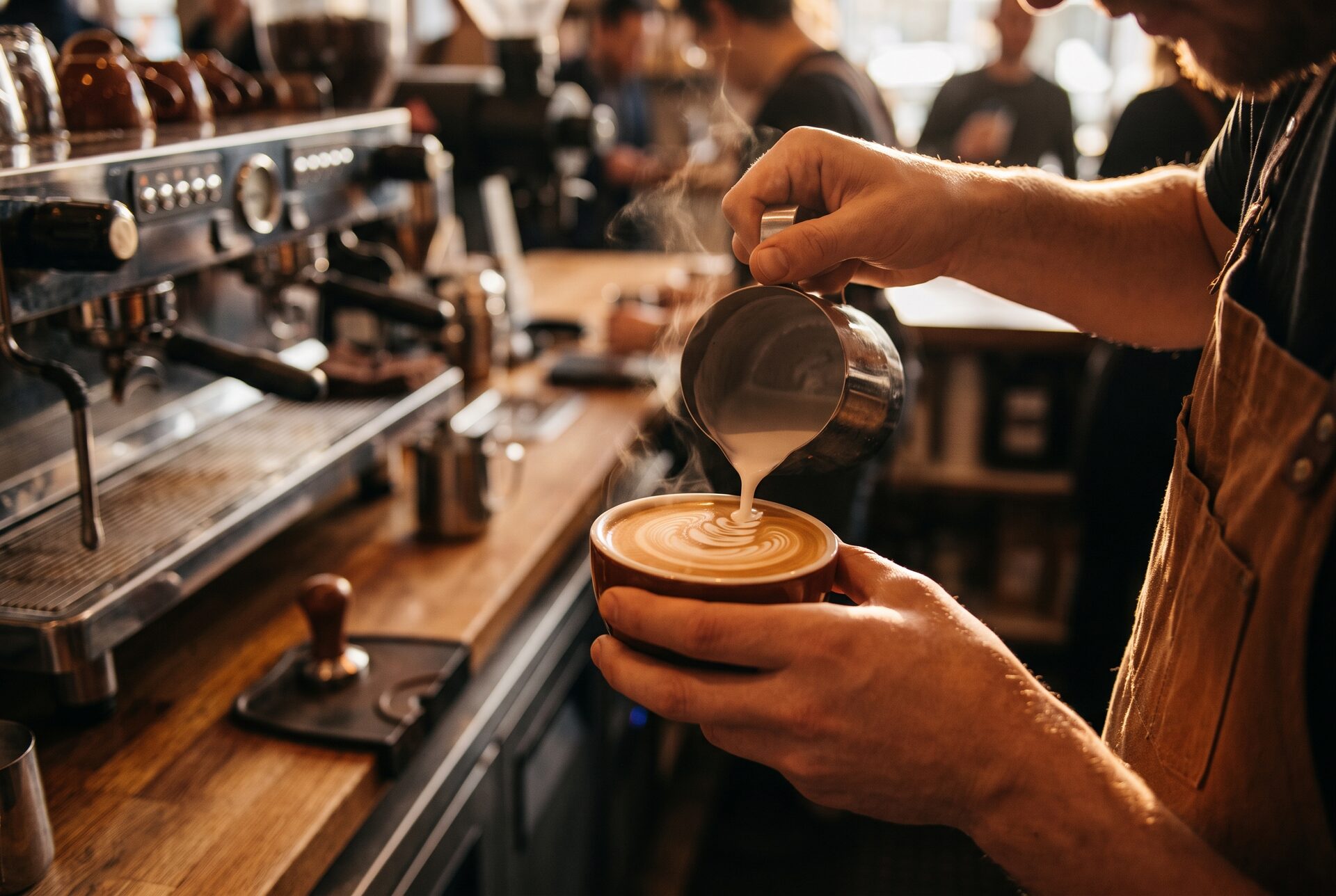 Barista beim Aufgiessen von Latte Art in eine Café-Tasse