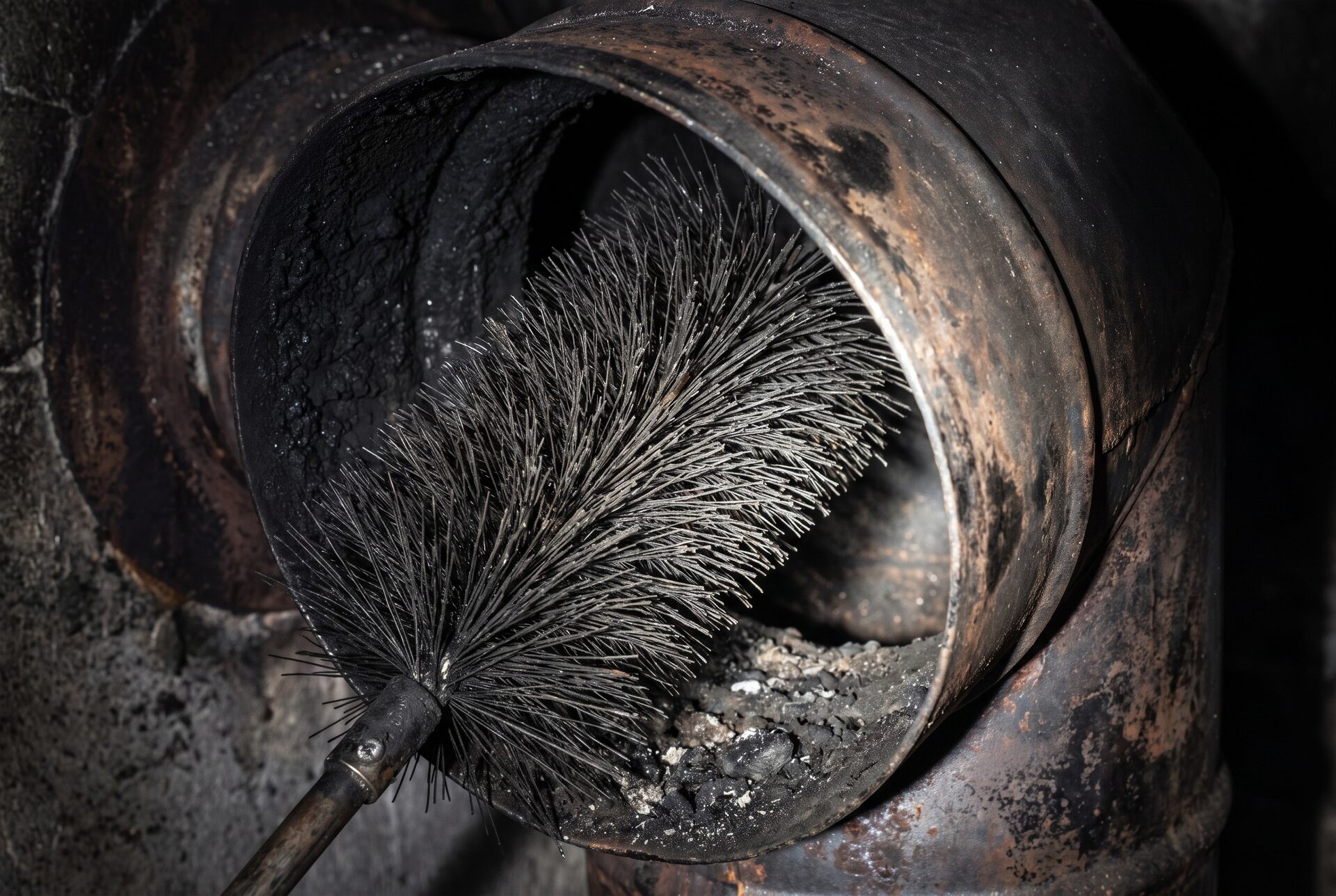 Nahaufnahme einer Kaminfegerbürste und Russ an einem Metallrohr