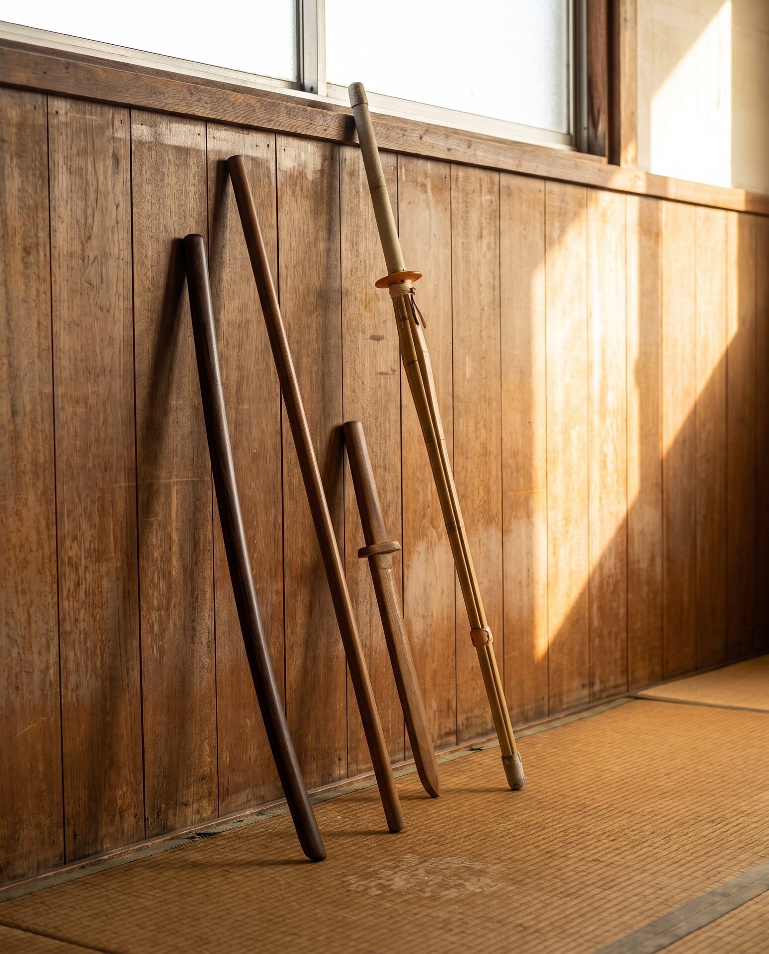 Holzwaffen und ein Bambus-Shinai an einer Dojo-Wand