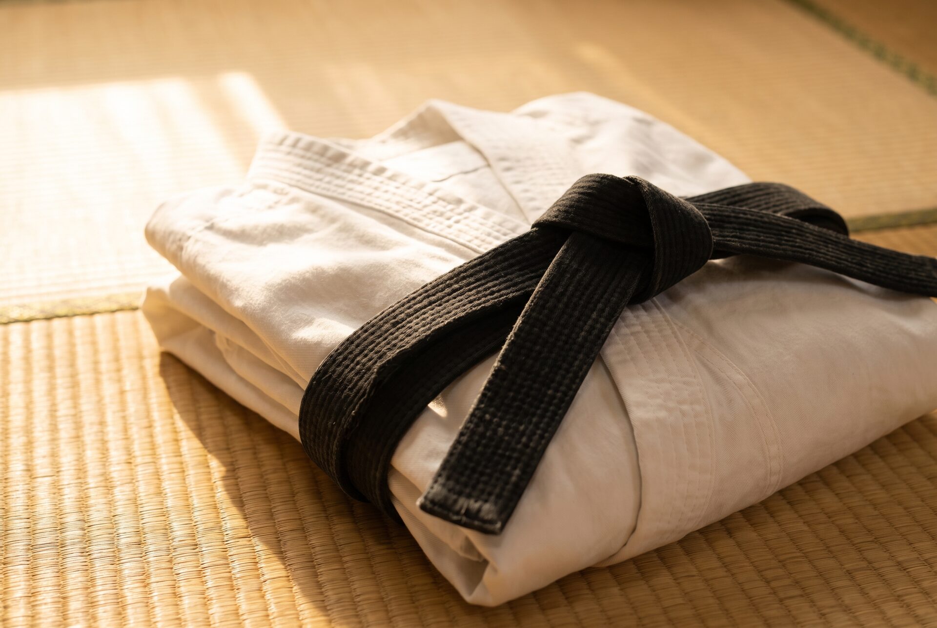Zusammengelegter schwarzer Gürtel und weisser Karateanzug auf Tatami-Matten