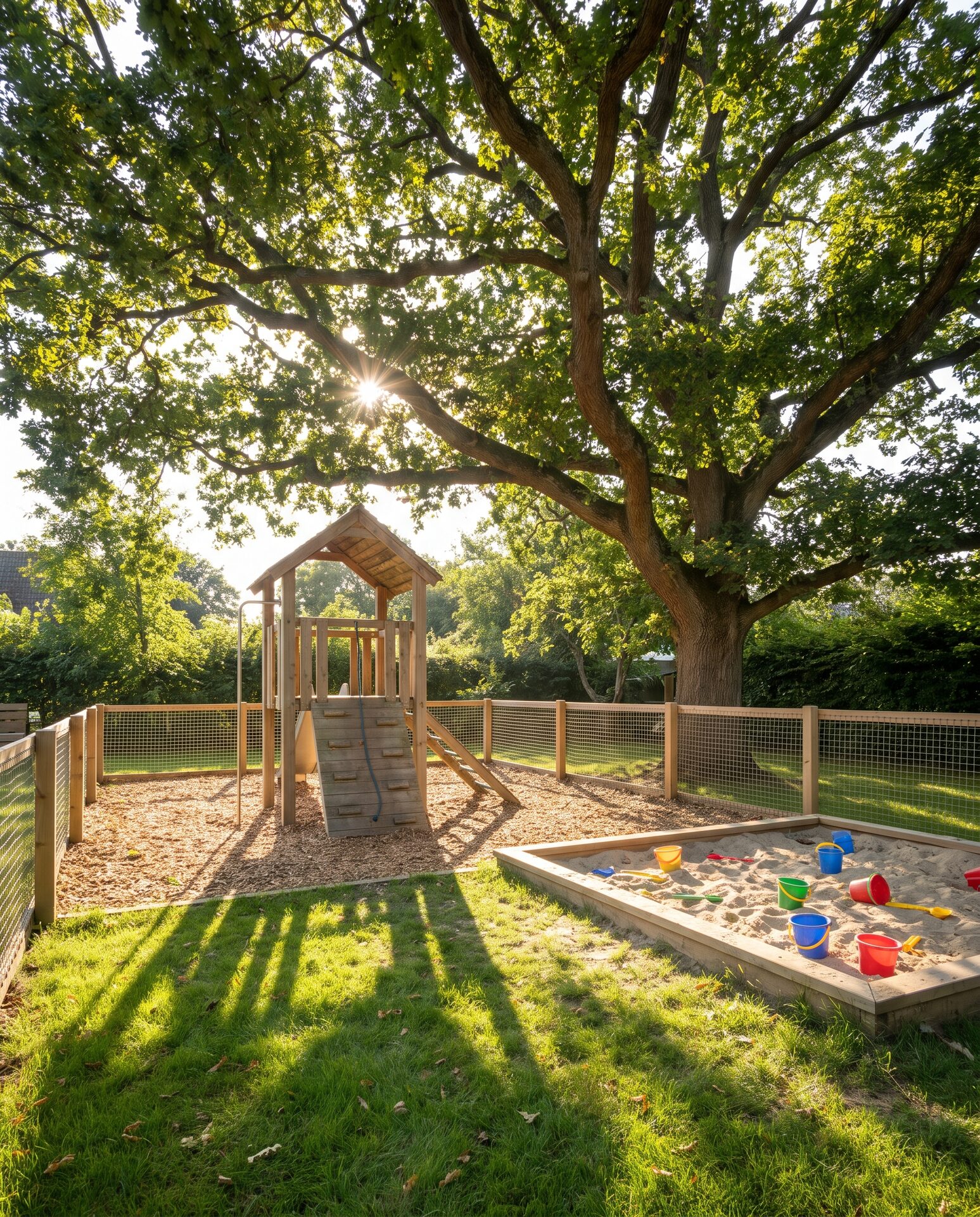 Sonniger Kita-Garten mit Holzklettergerüst und Sandkasten unter einem grossen Baum