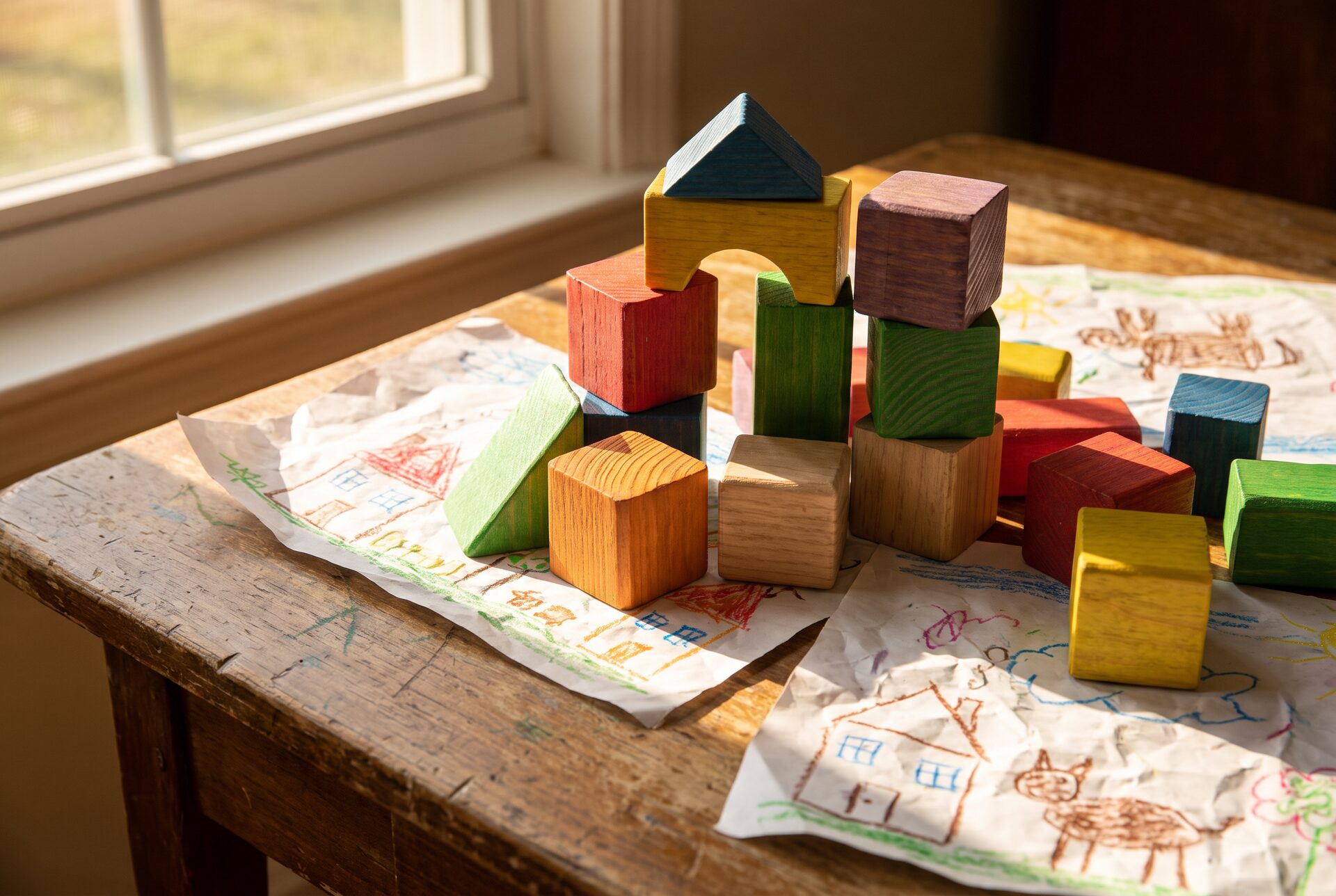 Bunte handgemachte Holzbausteine und Kinderzeichnungen auf einem kleinen Tisch