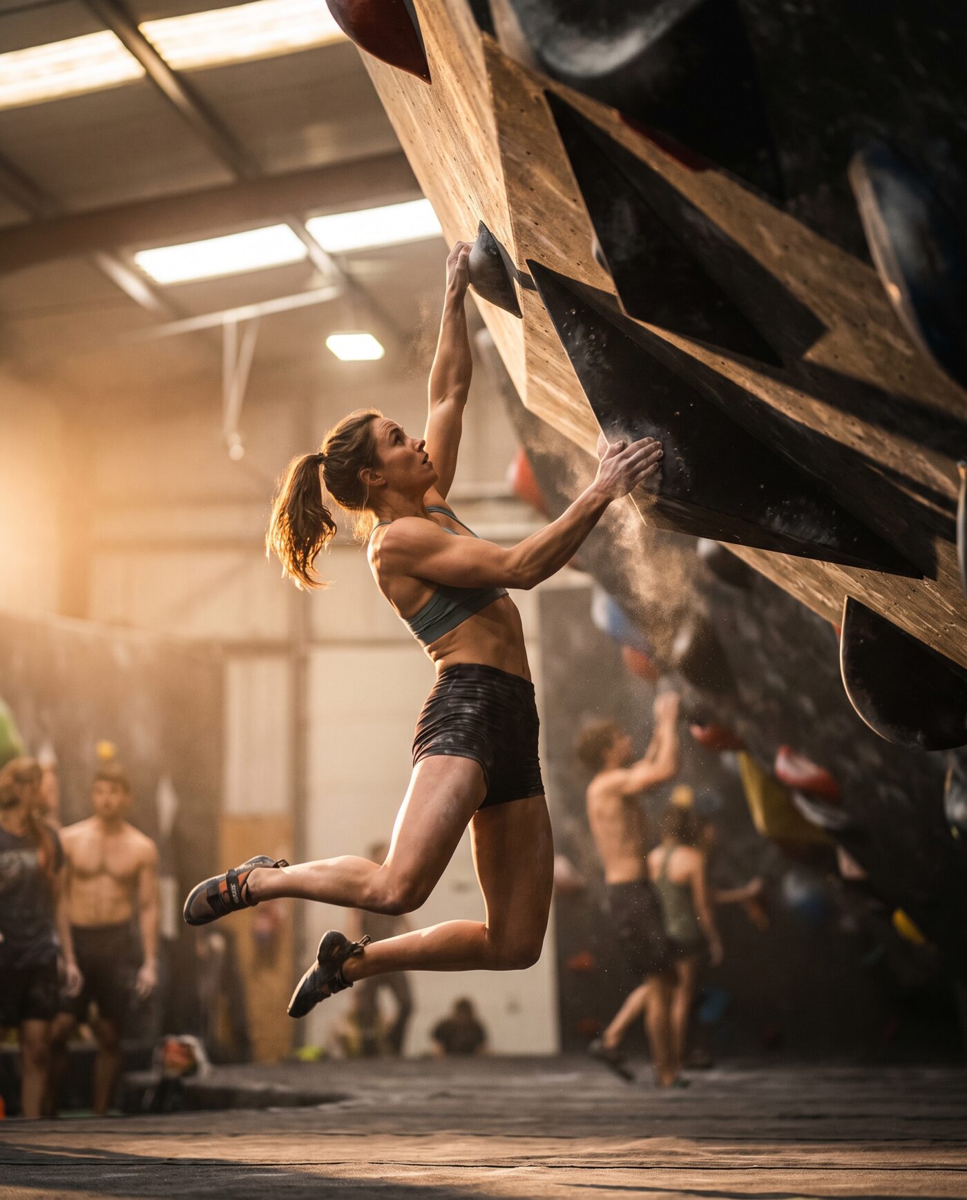 Sportliche Person klettert eine steile Boulderwand in dynamischer Pose