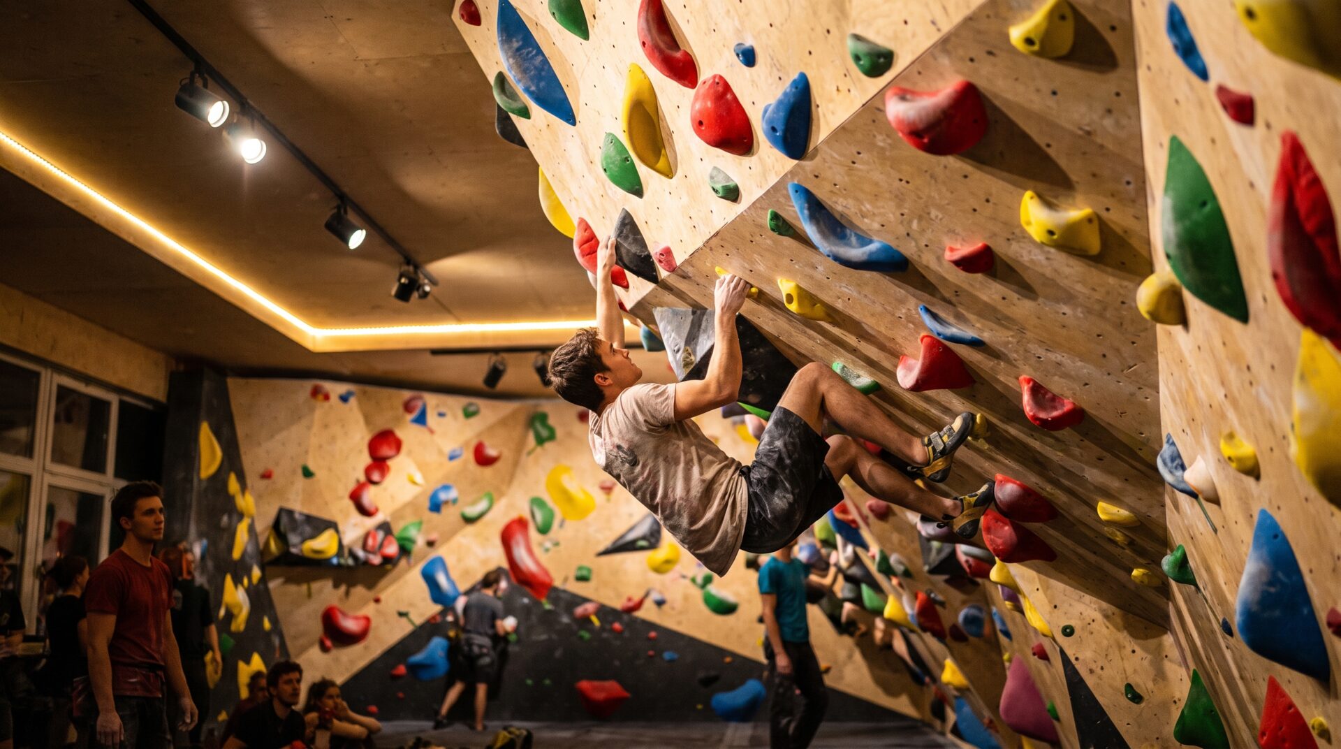 GRIP – bunte Boulderwand mit Kletterin in dynamischer Pose