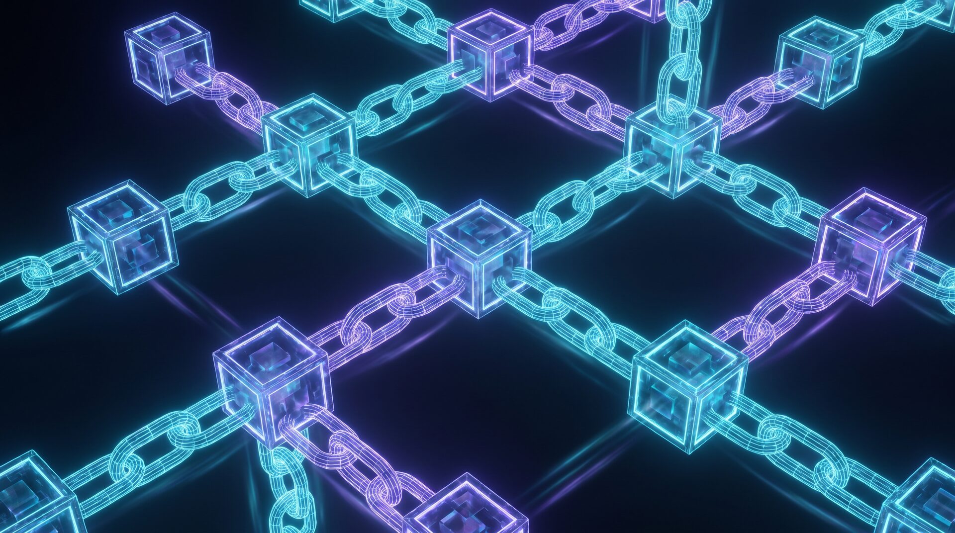 BLOCKFORGE – 3D-Blockchain-Visualisierung in Cyan-Violett