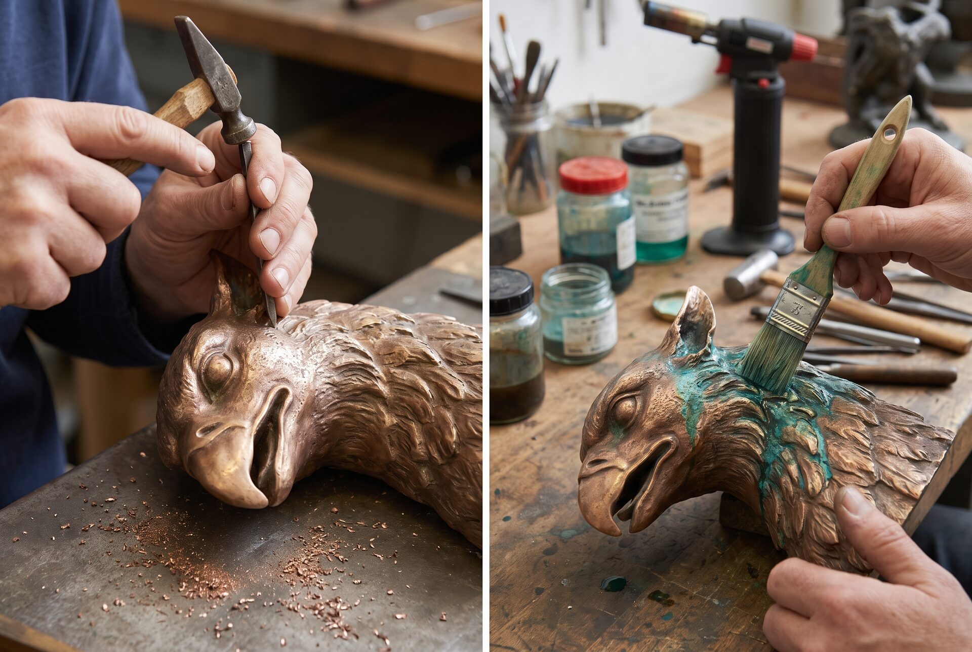 Bronzeskulptur mit grüner Patina im Atelier