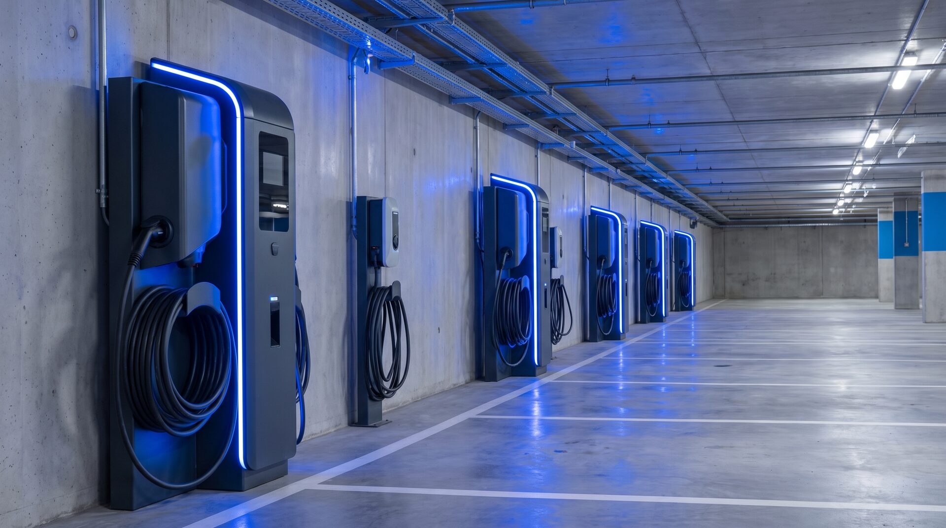 LADEPUNKT – moderne Ladestation in einer Tiefgarage mit sauberer Kabelführung