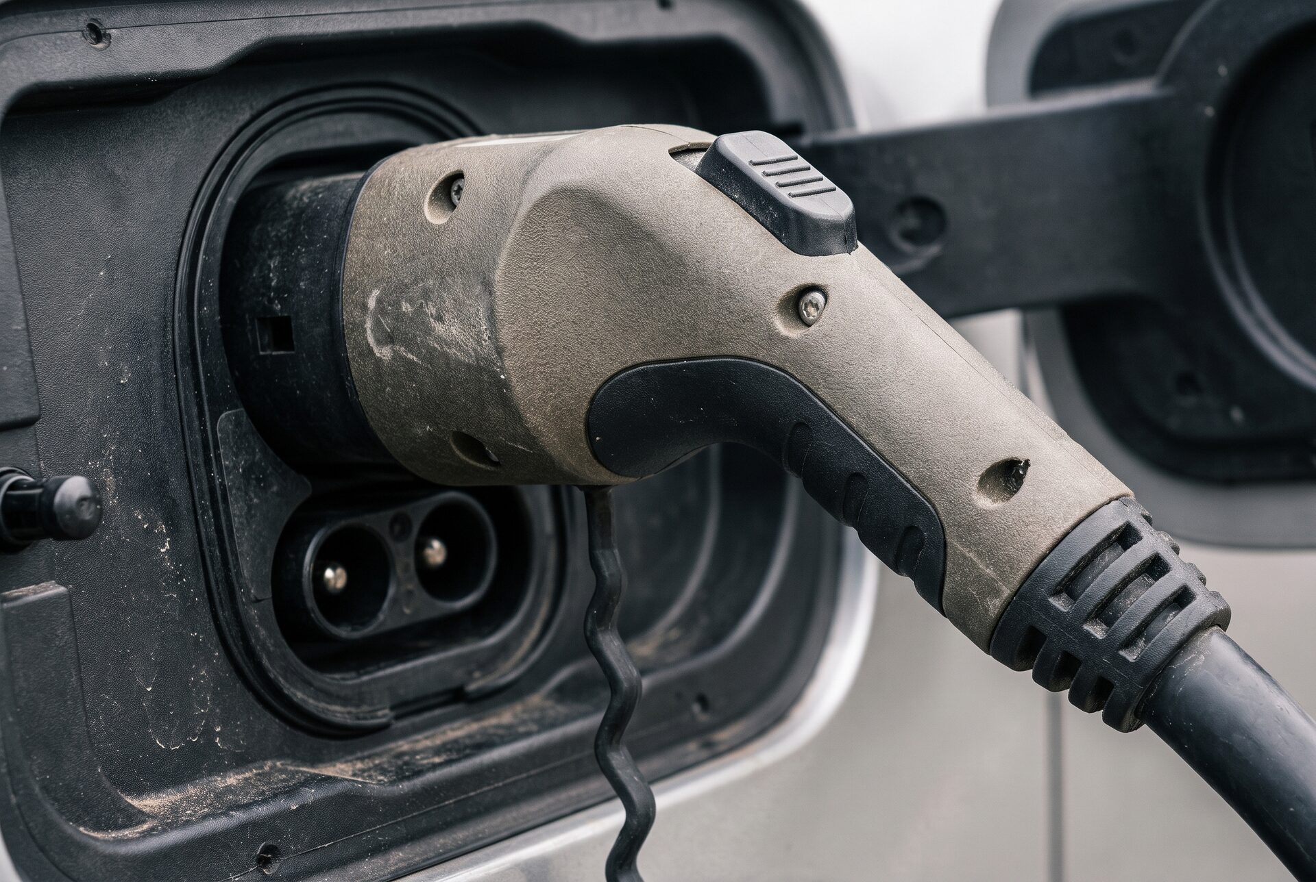 Nahaufnahme eines Ladesteckers in der Ladebuchse eines Elektrofahrzeugs