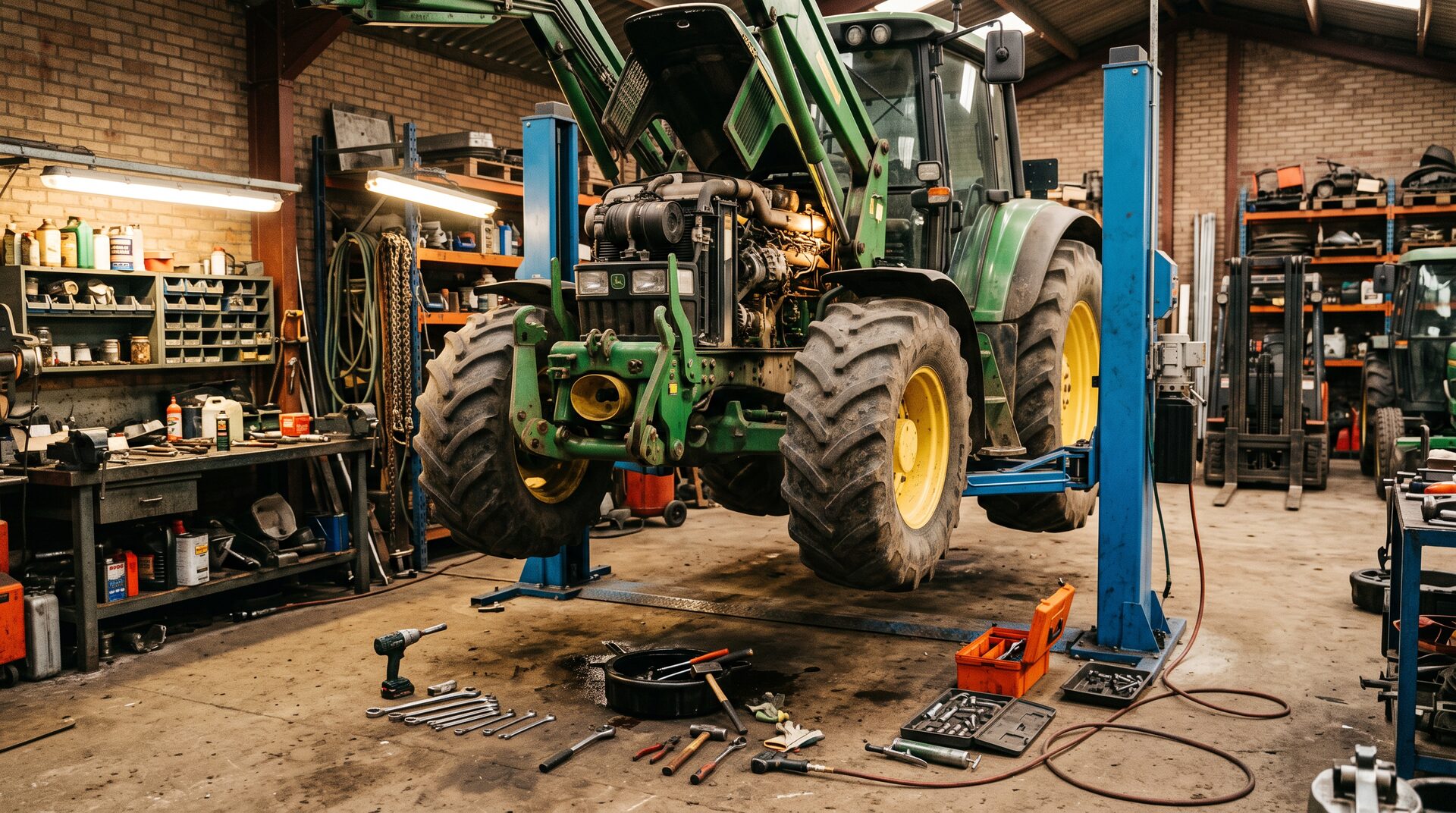 SCHLEPPER – Traktor in der Werkstatt auf der Hebebühne beim Service