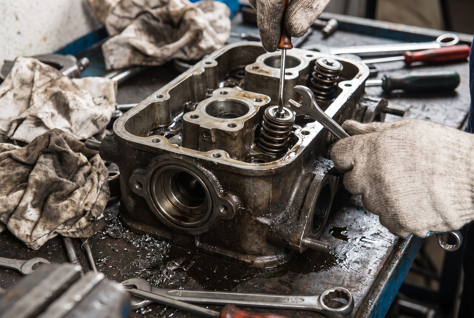 Nahaufnahme einer Traktormotor-Komponente bei der Reparatur mit Werkzeug
