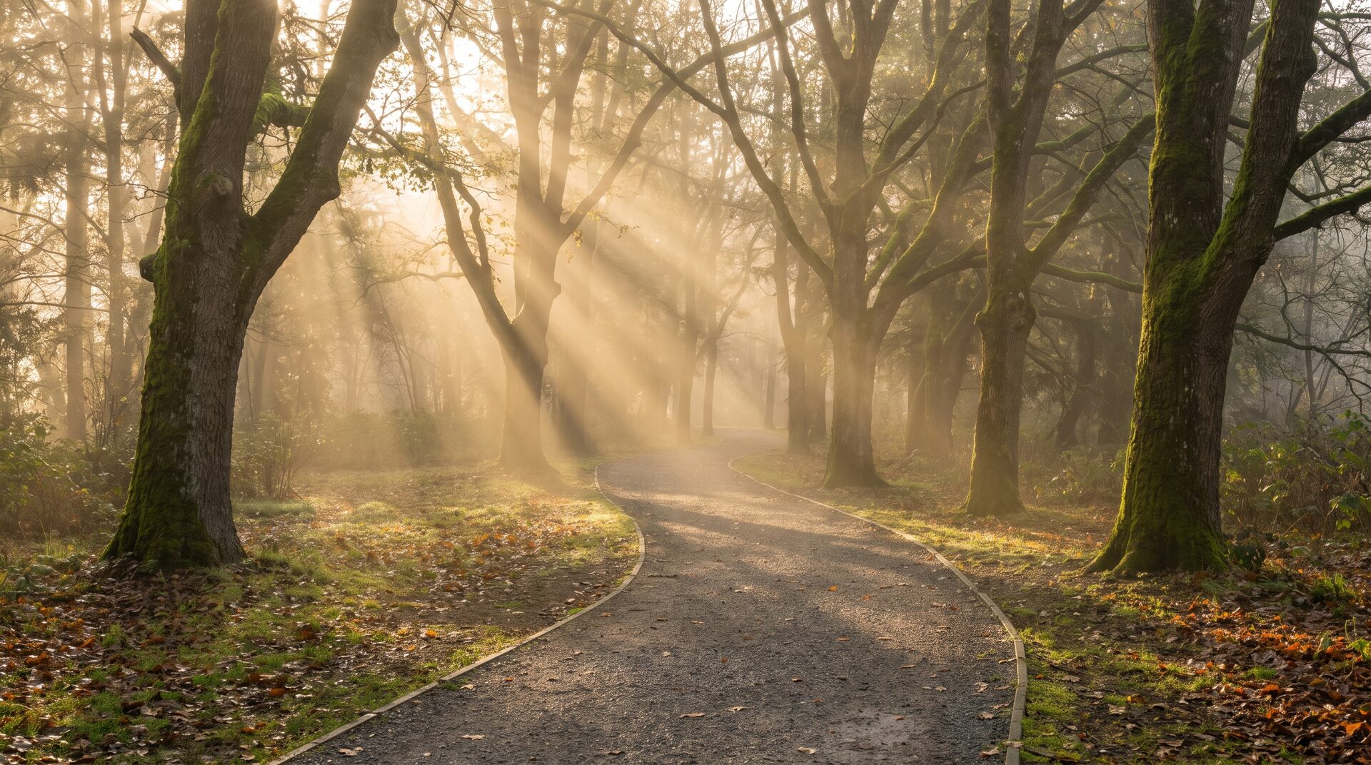 SCHRITTMASS – Laufweg durch Morgennebel mit Lichtstrahlen zwischen Bäumen