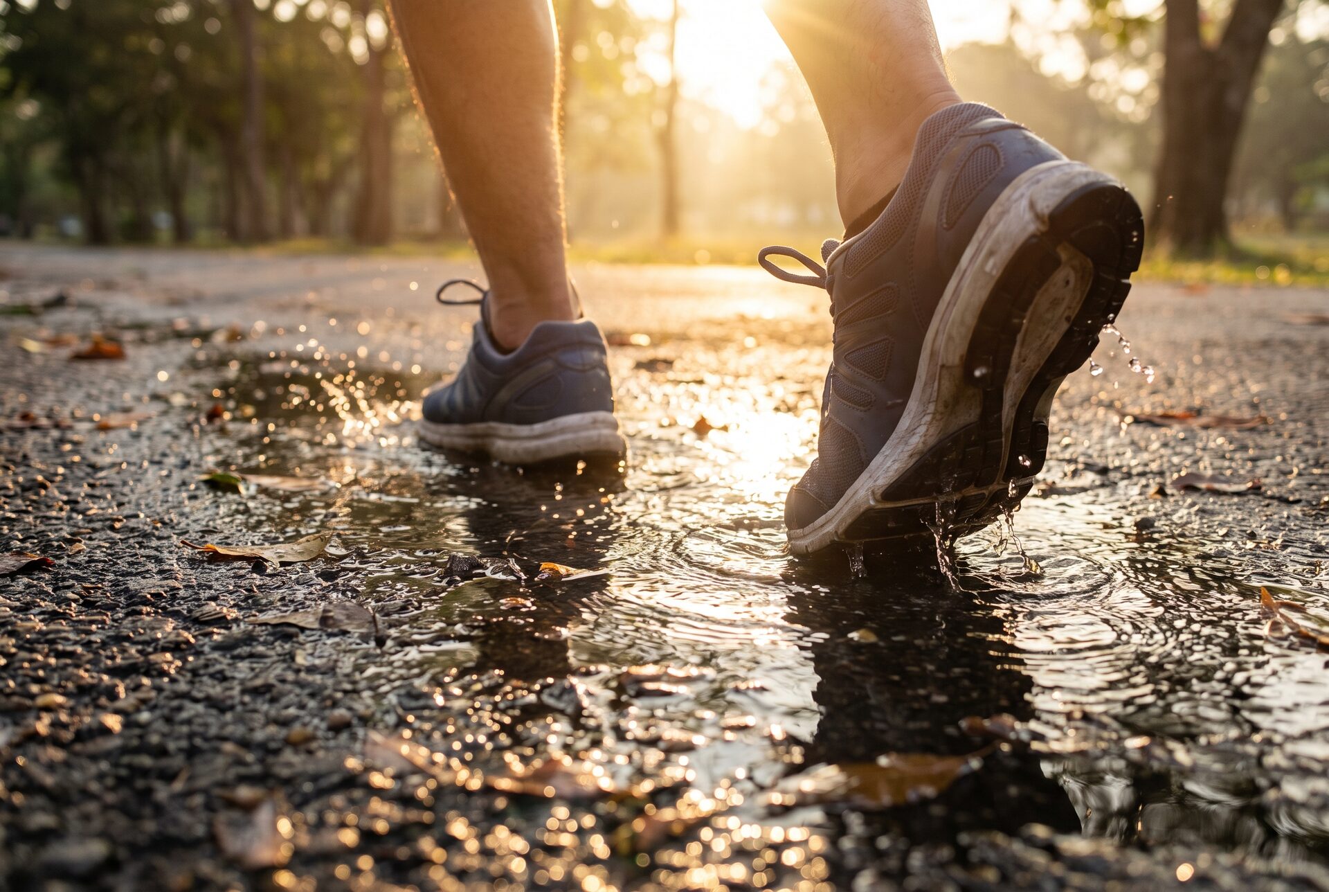 Nahaufnahme von Laufschuhen auf nassem Asphalt im Morgenlicht