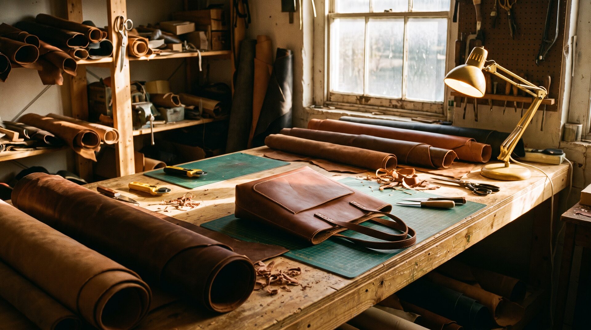 NARBENSEITE – Lederwerkstatt mit Häuten, Werkzeug und halbfertigen Taschen