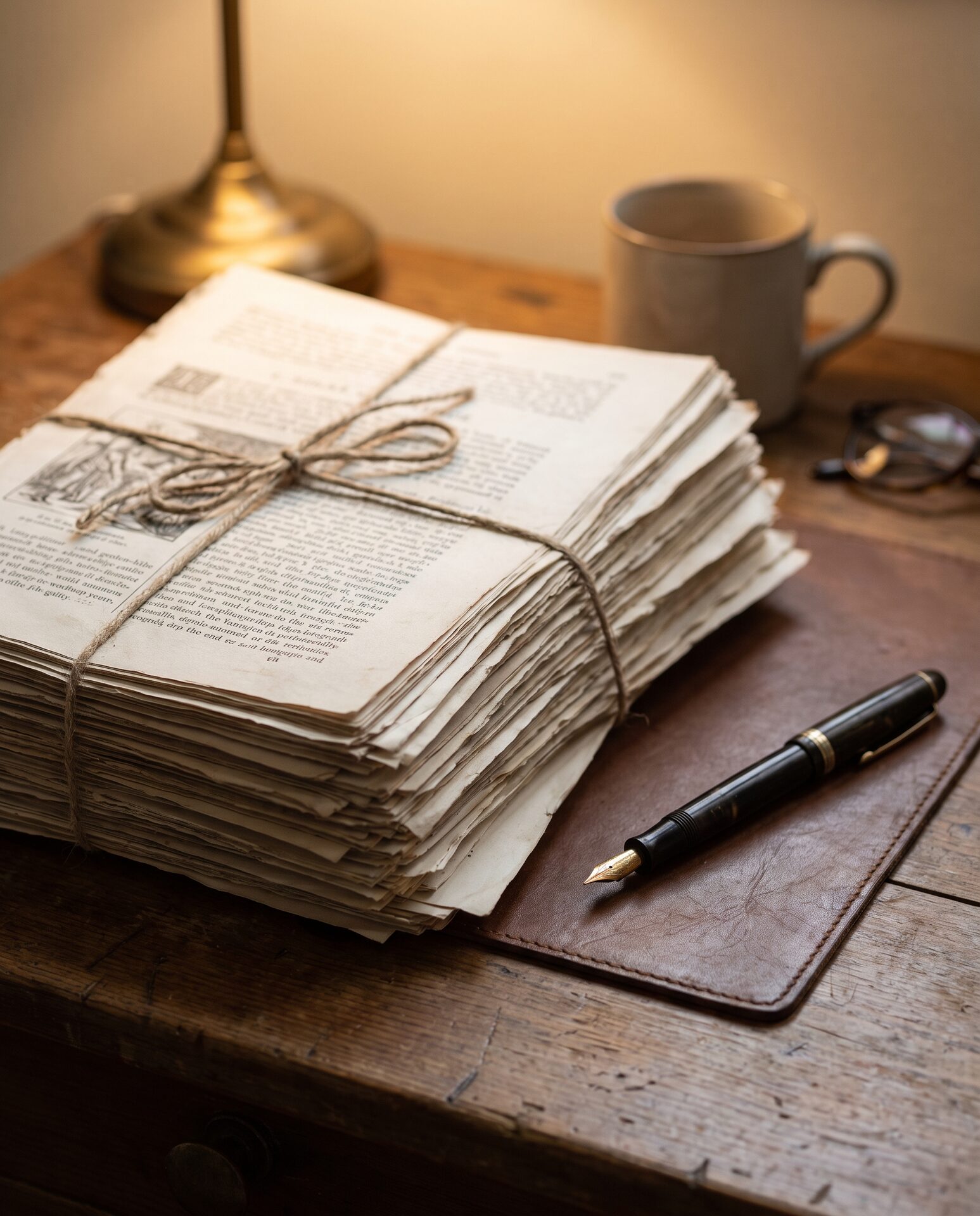Aufgeschlagenes Buch mit Notizen und Bleistift am Fenster