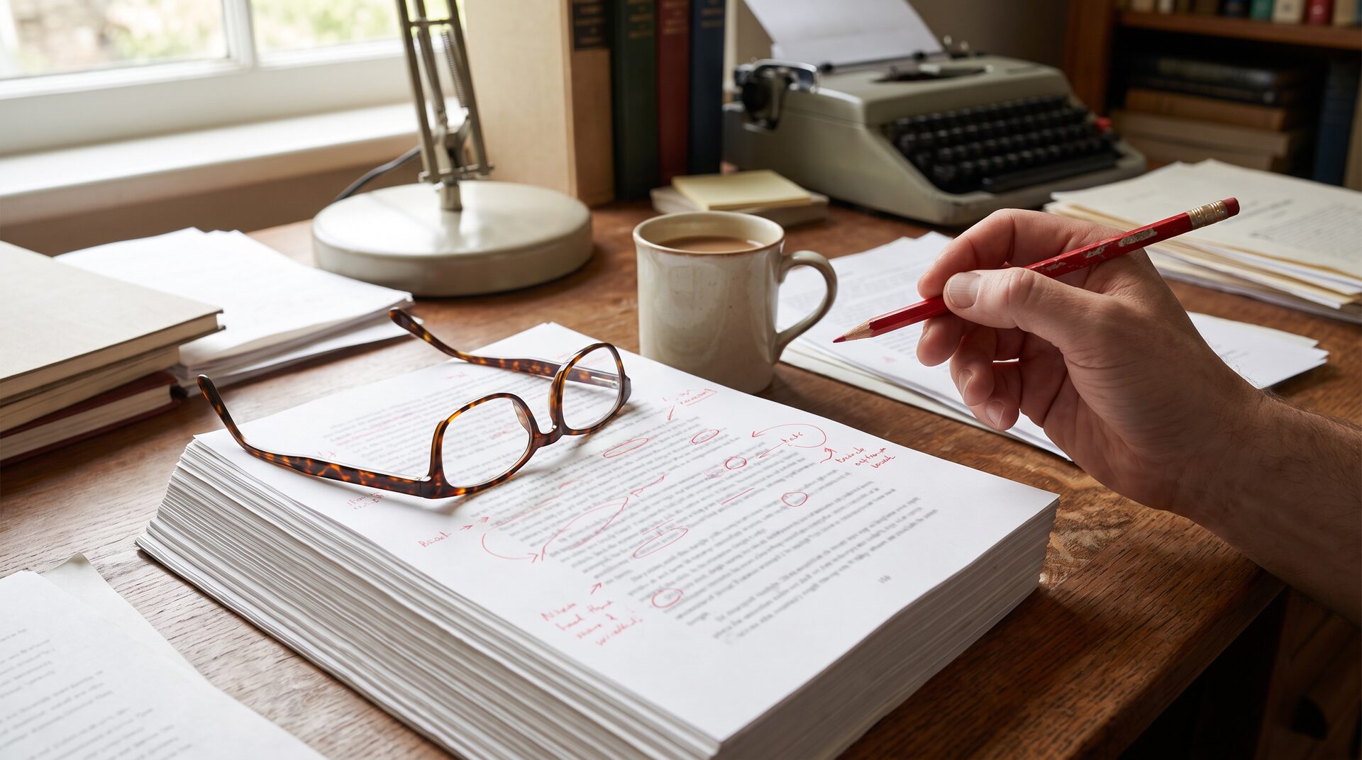 ROTSTIFT – Manuskript mit roten Korrekturzeichen und Lesebrille auf dem Tisch