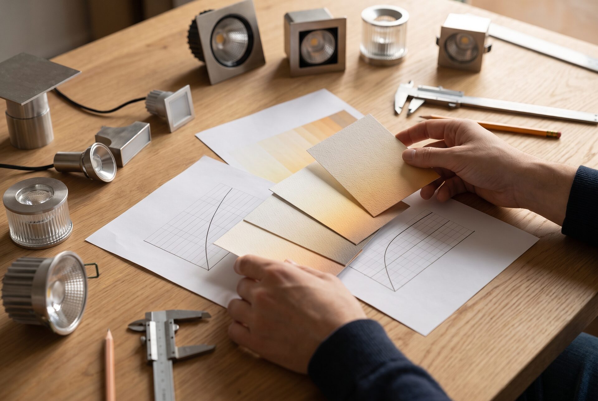 Lichtplanerin ordnet Farbtemperatur-Muster und Leuchtenmodelle auf dem Tisch
