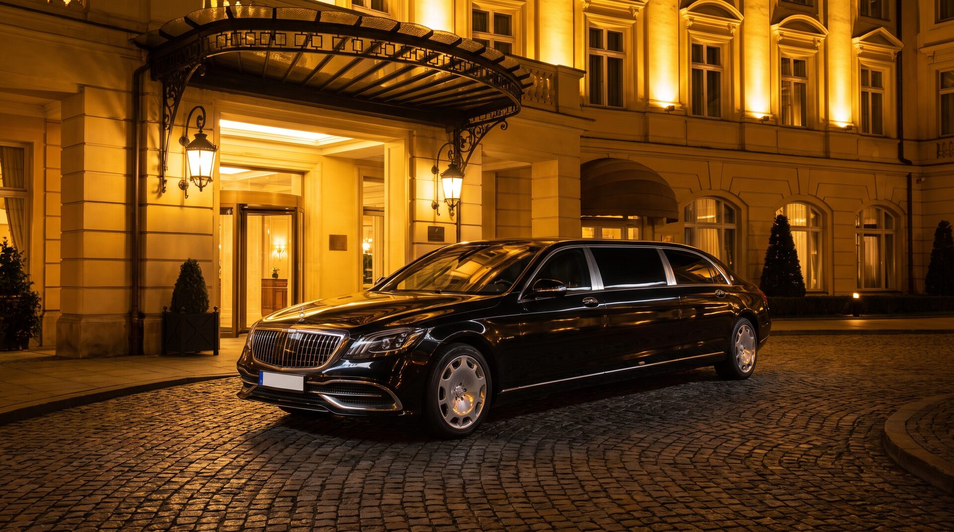CHAUFFEUR – elegante schwarze Limousine vor einem Hoteleingang bei Nacht