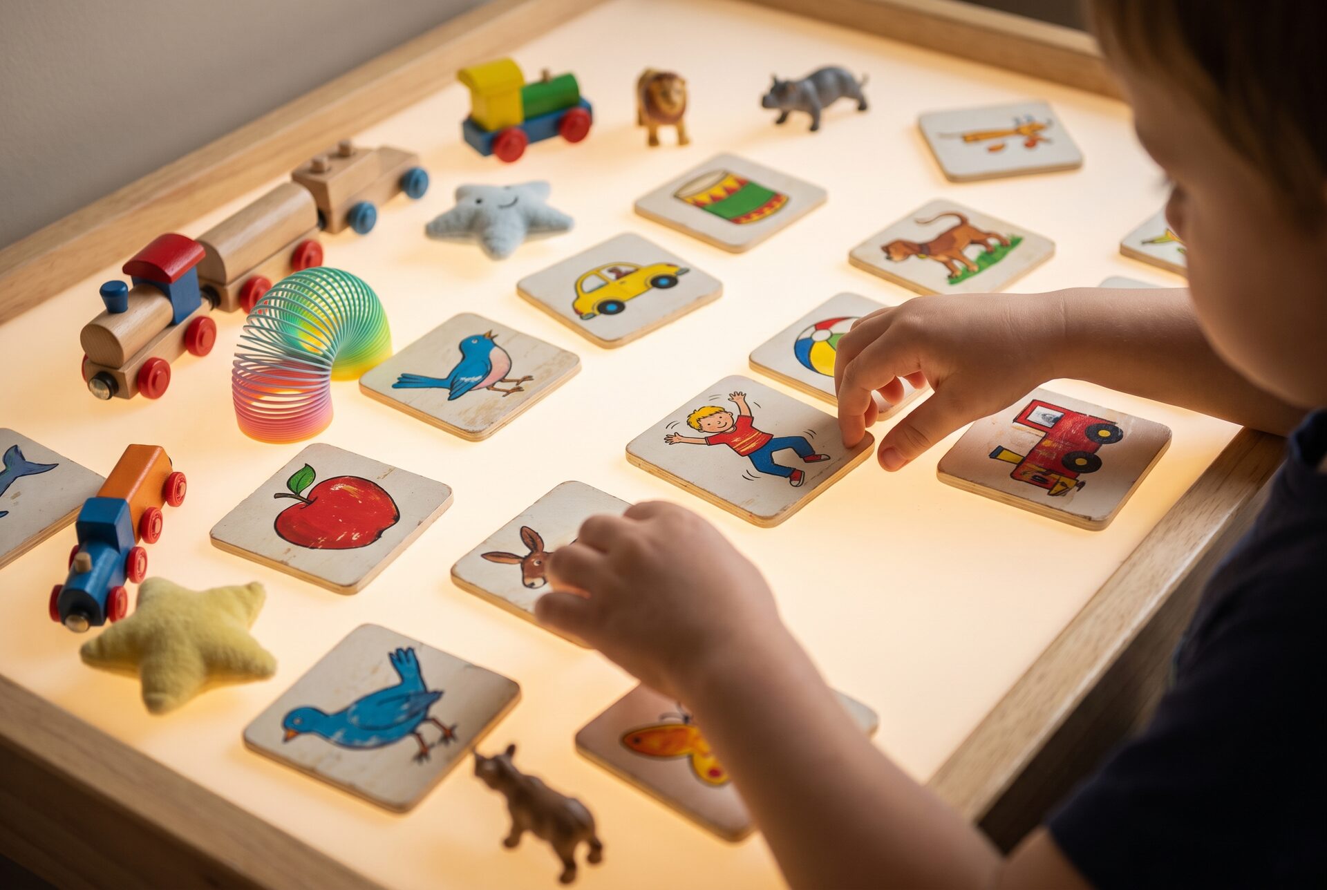 Bunte hölzerne Bildkarten und kleine Spielfiguren auf einem hellen Tisch