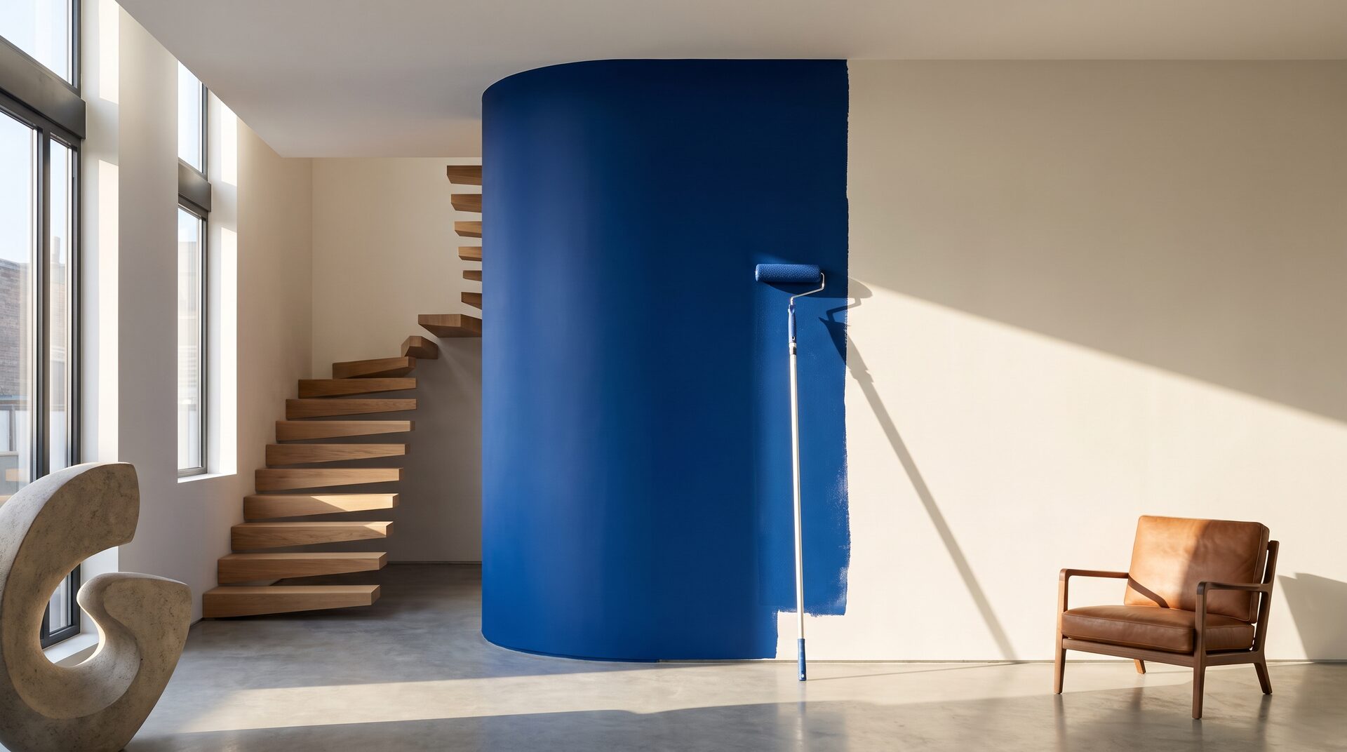 FARBWERK – frisch gestrichener moderner Loft mit kobaltblauer Wand