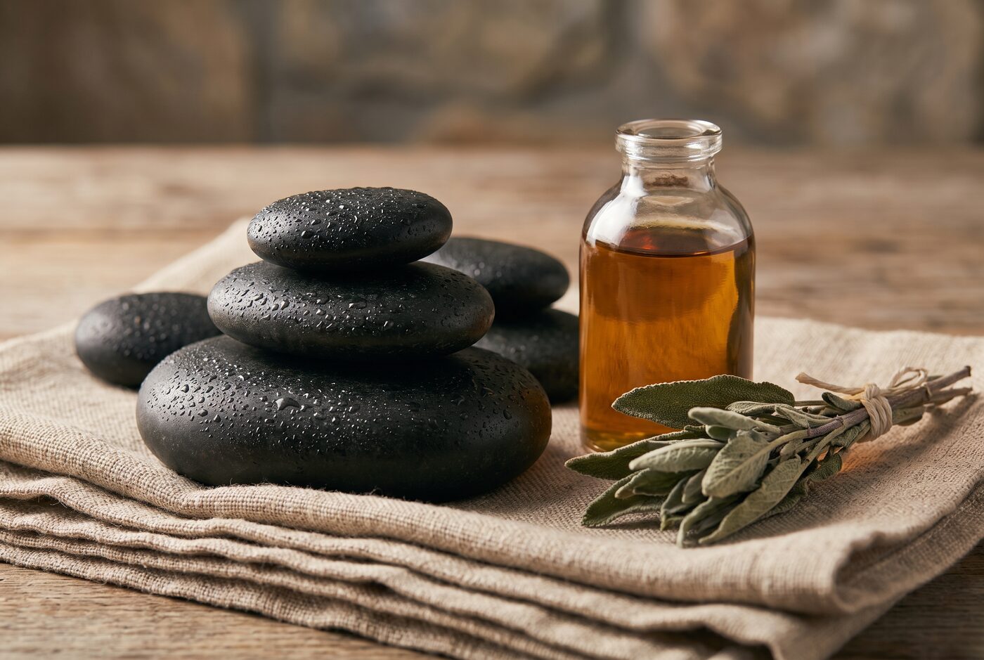 Warme Basaltsteine und Massageöl in weichem Licht