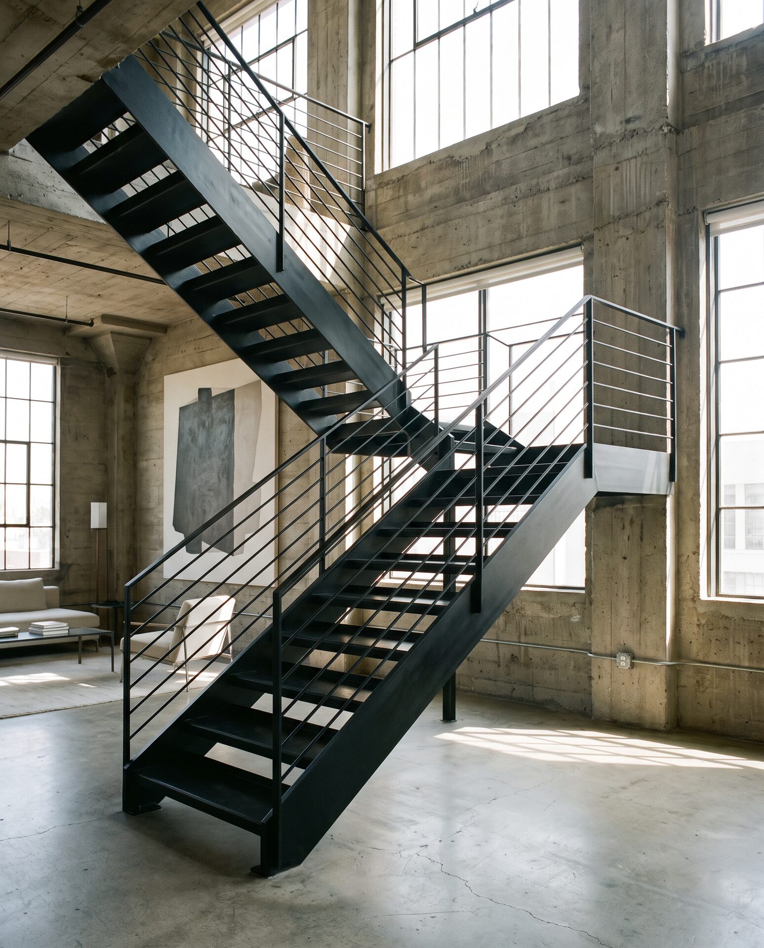 Elegante schwarze Stahltreppe mit schlankem Geländer in einem hellen Loft