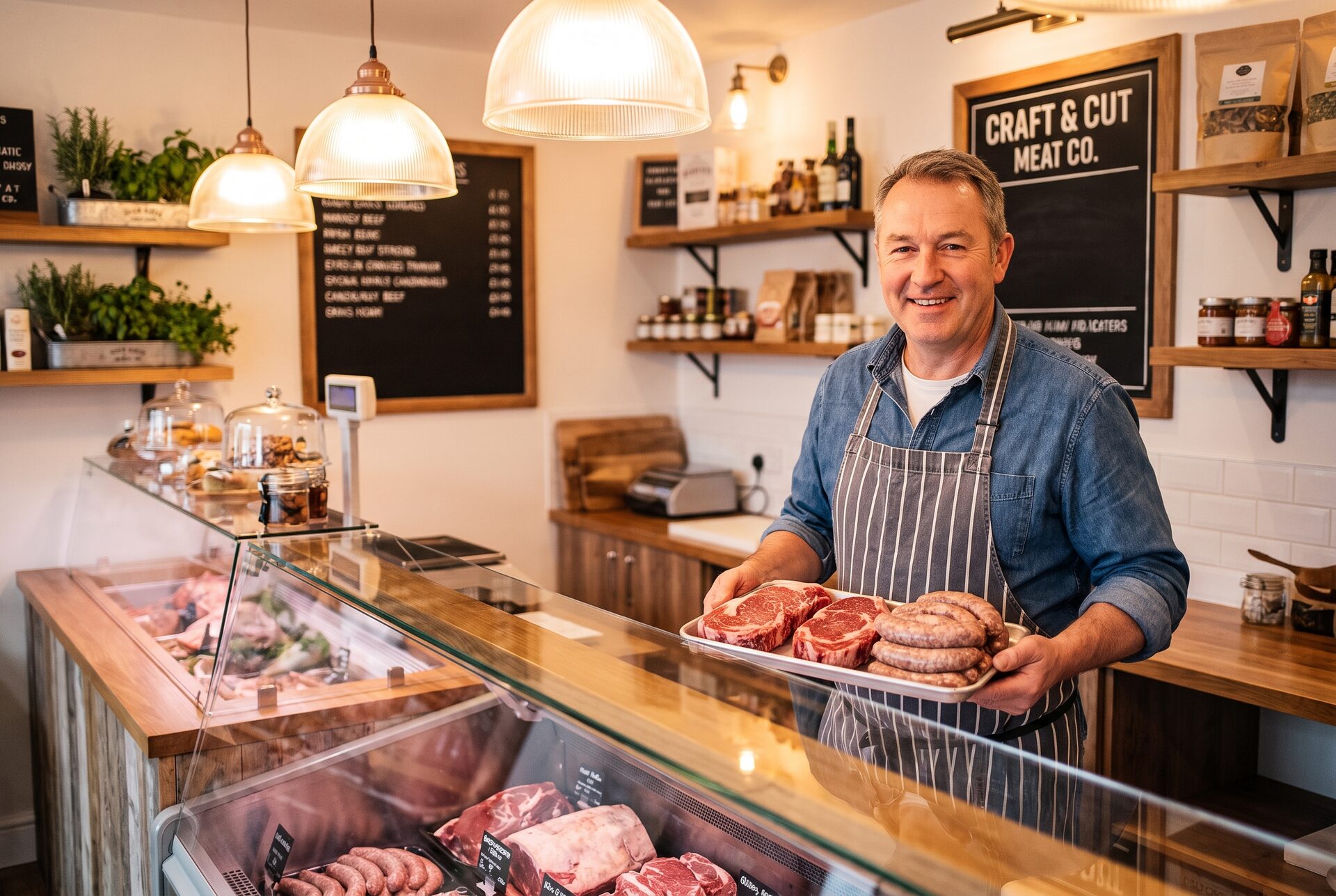 Metzgermeister präsentiert ein Stück frisch gereiftes Fleisch über der Theke