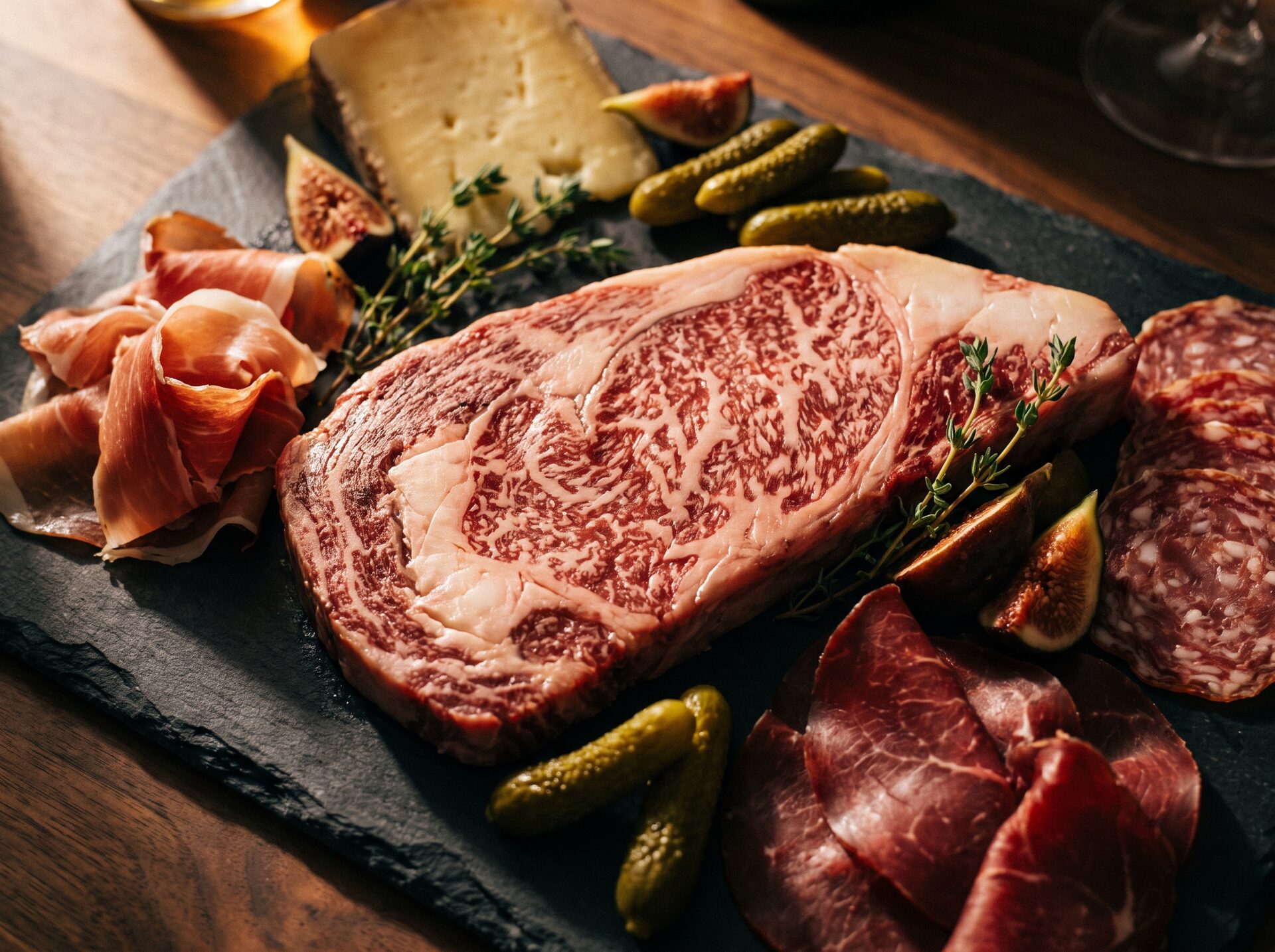 Nahaufnahme eines dunkel gereiften Steaks und aufgeschnittener Charcuterie auf Holzbrett