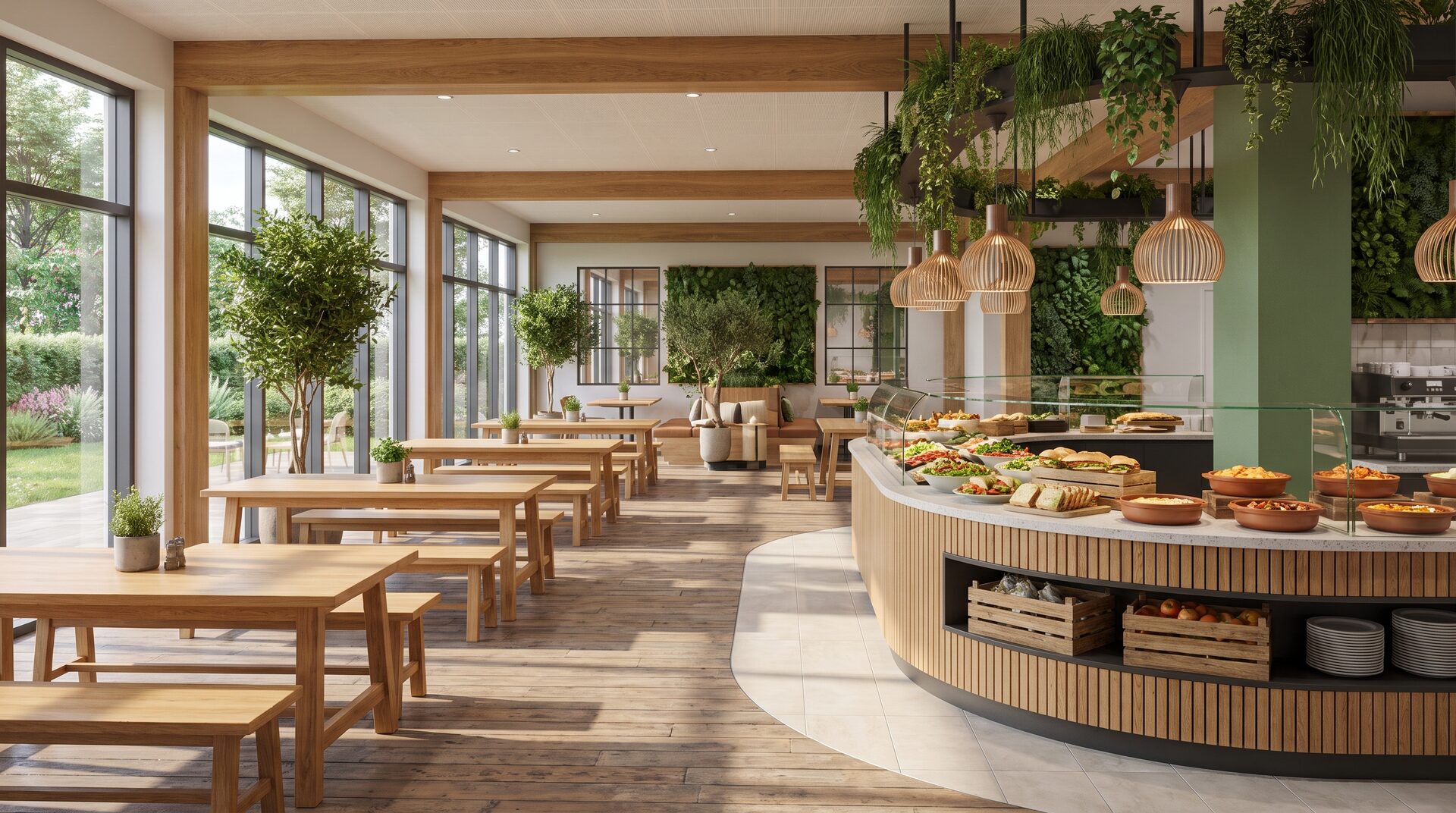 TISCHZEIT – moderne Betriebskantine mit Holz und frischer Ausgabe