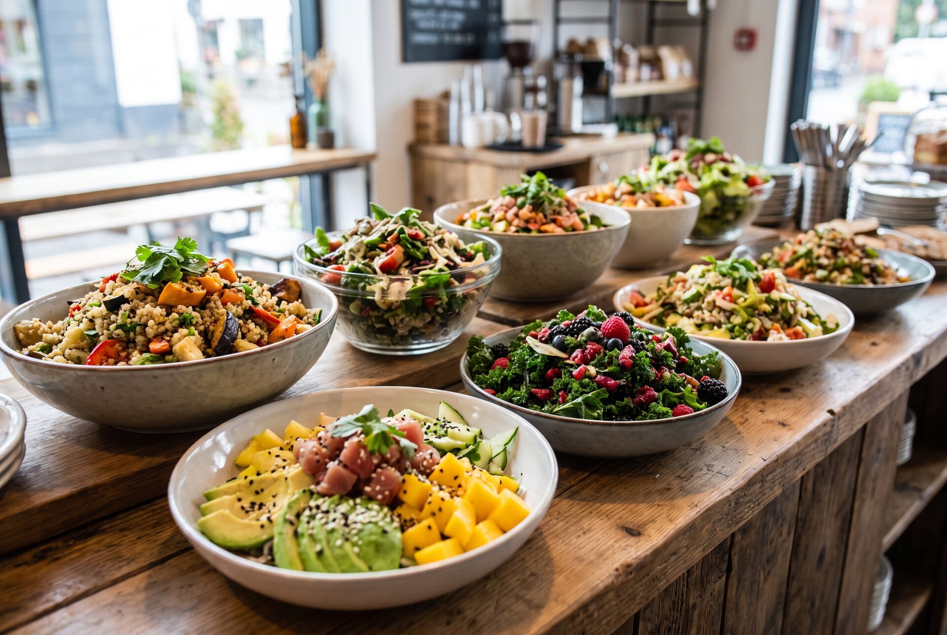 Frische Mittagsbowls und Salate auf einer Ausgabetheke