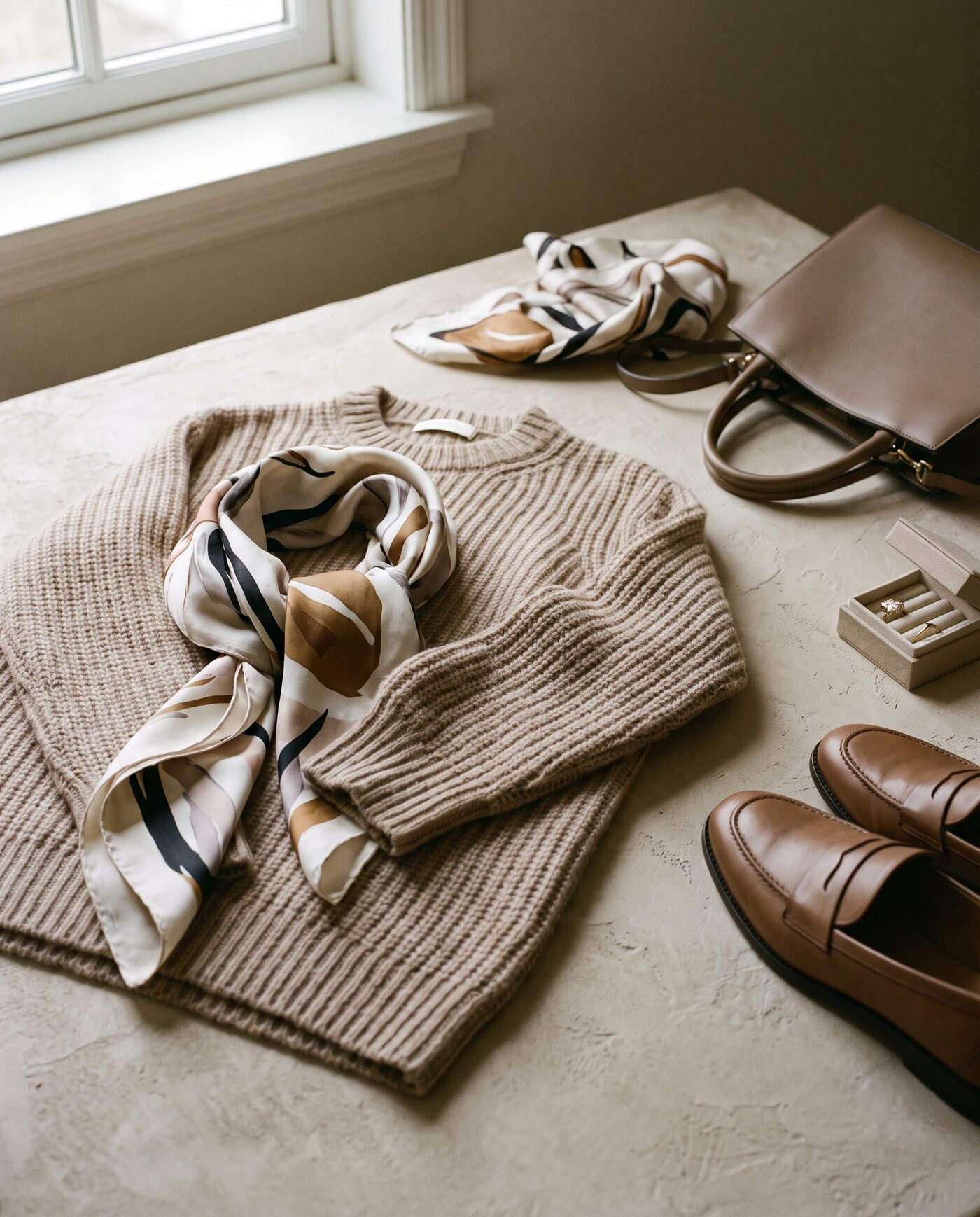 Editorial-Stillleben mit gefalteter Designermode und Accessoires
