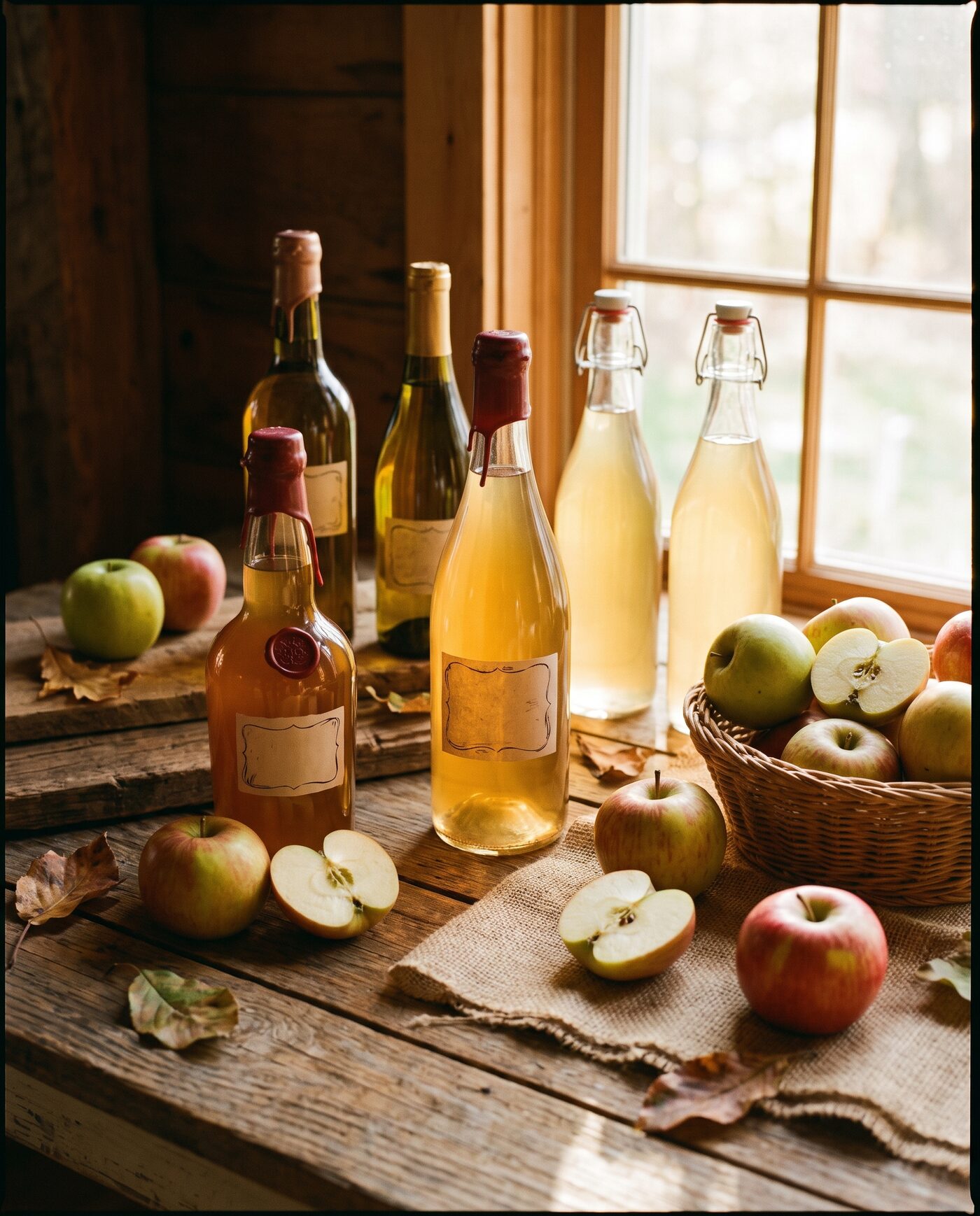 Flaschen handwerklichen Apfelciders mit frischen Äpfeln auf rustikalem Tisch
