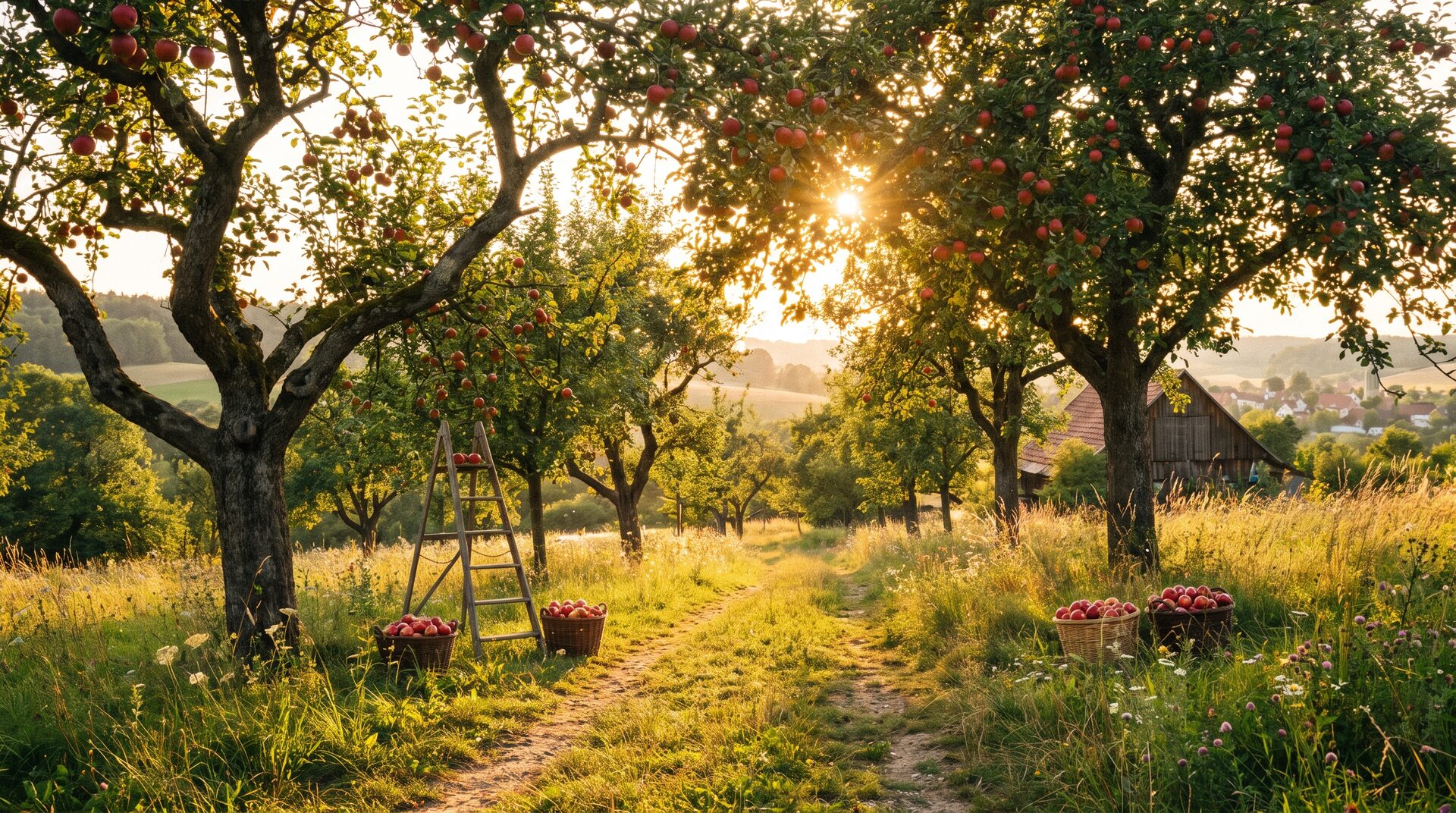 APFELGUT – sonniger Apfelgarten mit reifen roten Äpfeln