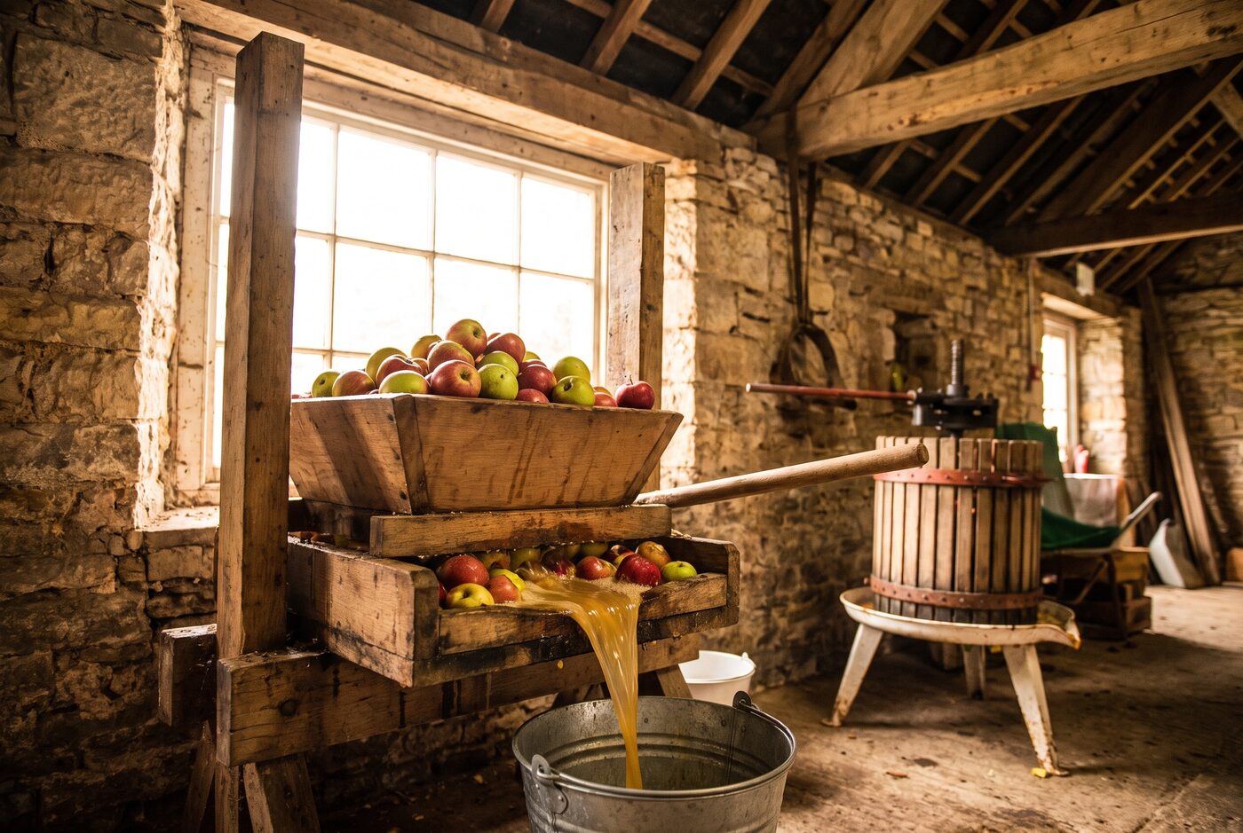 Frische Äpfel werden gepresst, goldener Saft fliesst aus der rustikalen Mühle